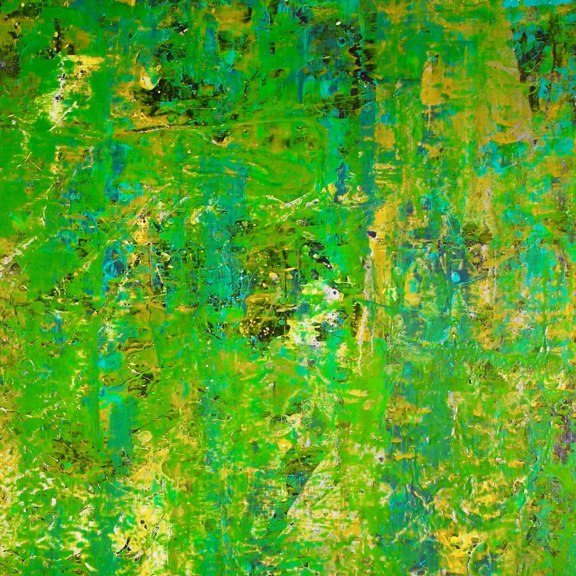 Abstract painting the result of layers of color blending, undertones, gestural shapes to make a very deep and contemplative green dream landscape. Pigments and colors used for this piece contain mica particles and graphite for depth. Signed on the