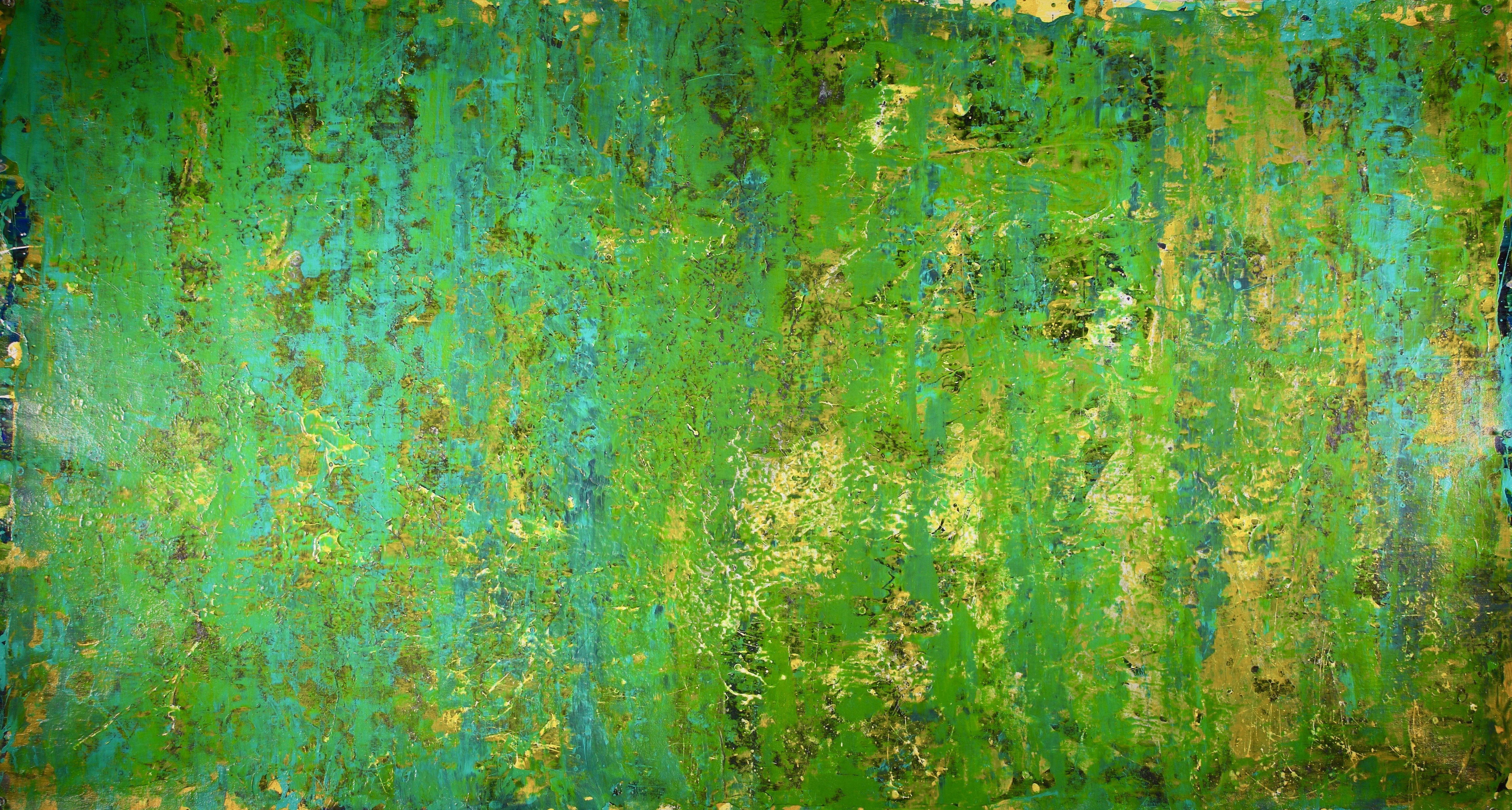 Nestor Toro Abstract Painting - Green dreamscape with gold, Painting, Acrylic on Canvas