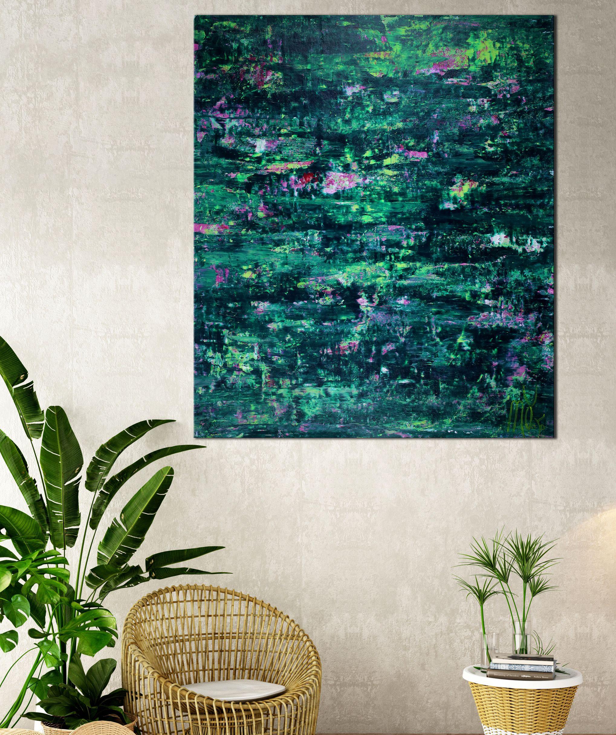 INSPIRED BY NATURE    Many shades of green color field with bright pink and red undertones. All work done with palette knife. Semi gloss, signed in front.    I include a certificate of authenticity that lists the materials as well as when the