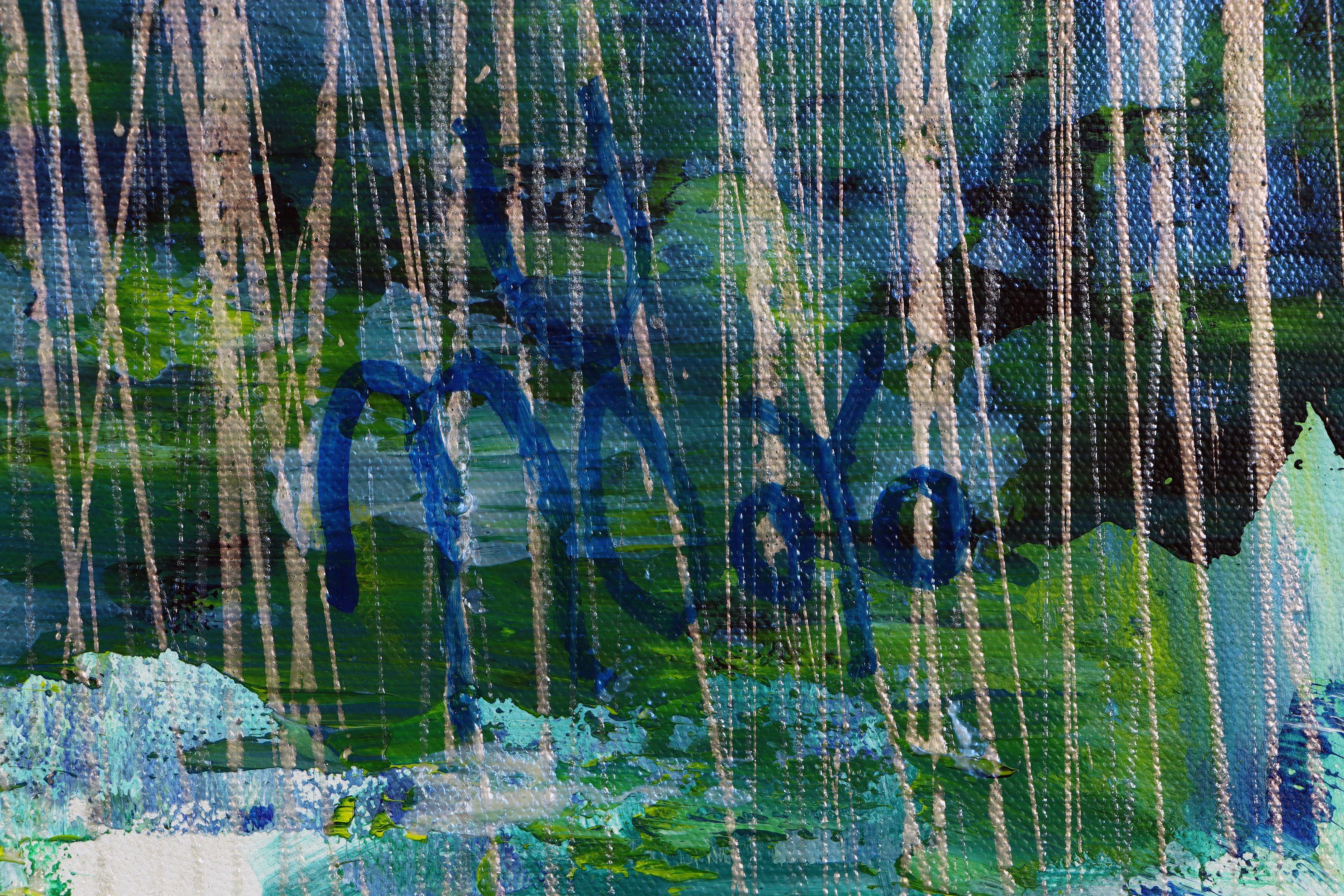 Pintura abstracta iridiscente  acrílico sobre lienzo    Esta obra de arte se creó superponiendo y mezclando capas de muchos tonos de partículas de mica iridiscente verde, amarilla y azul con lloviznas de pintura plateada y naranja iridiscente. Este