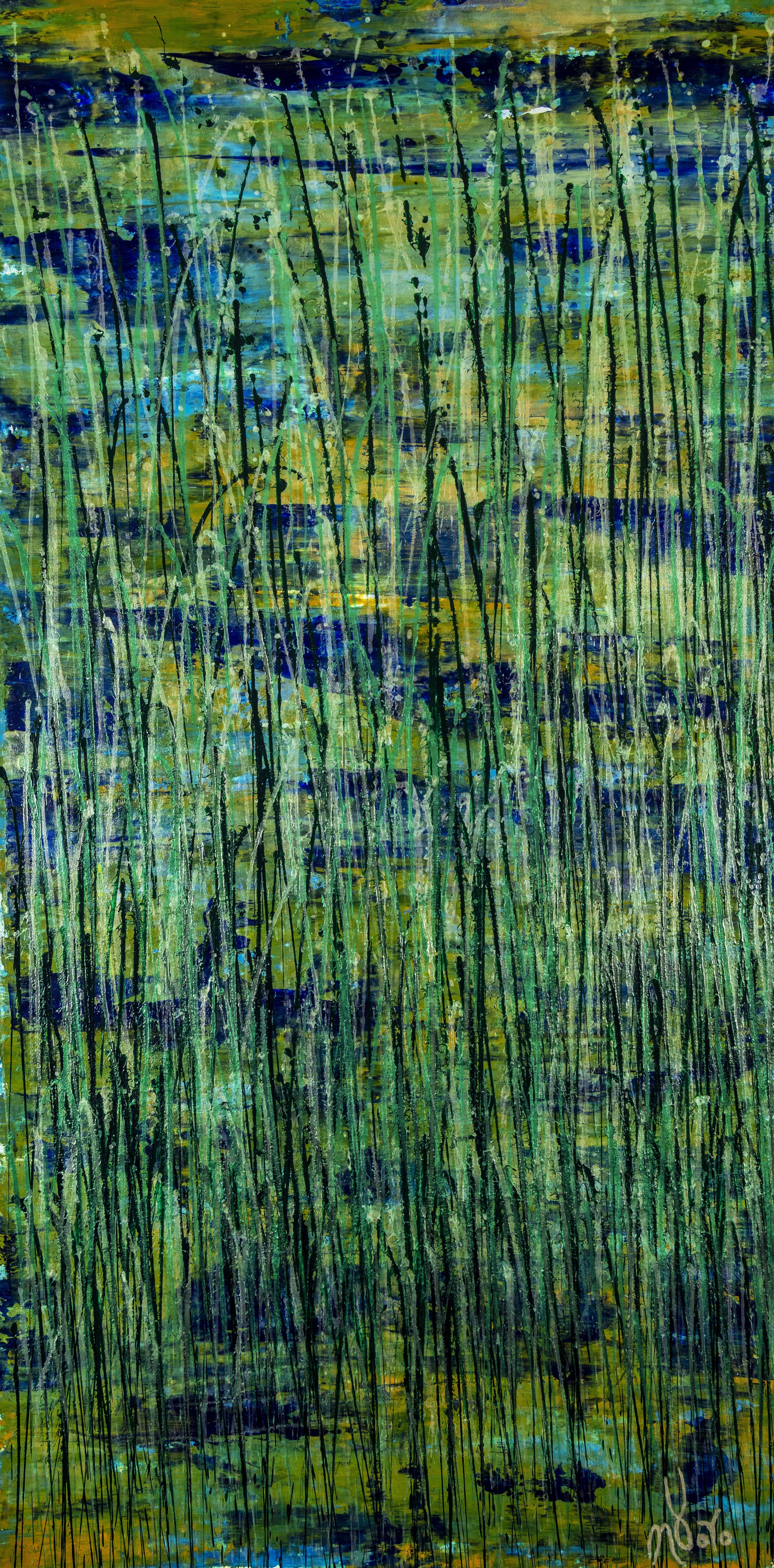 Nestor Toro Abstract Painting - Green forest (Silver lights intrusions), Painting, Acrylic on Canvas