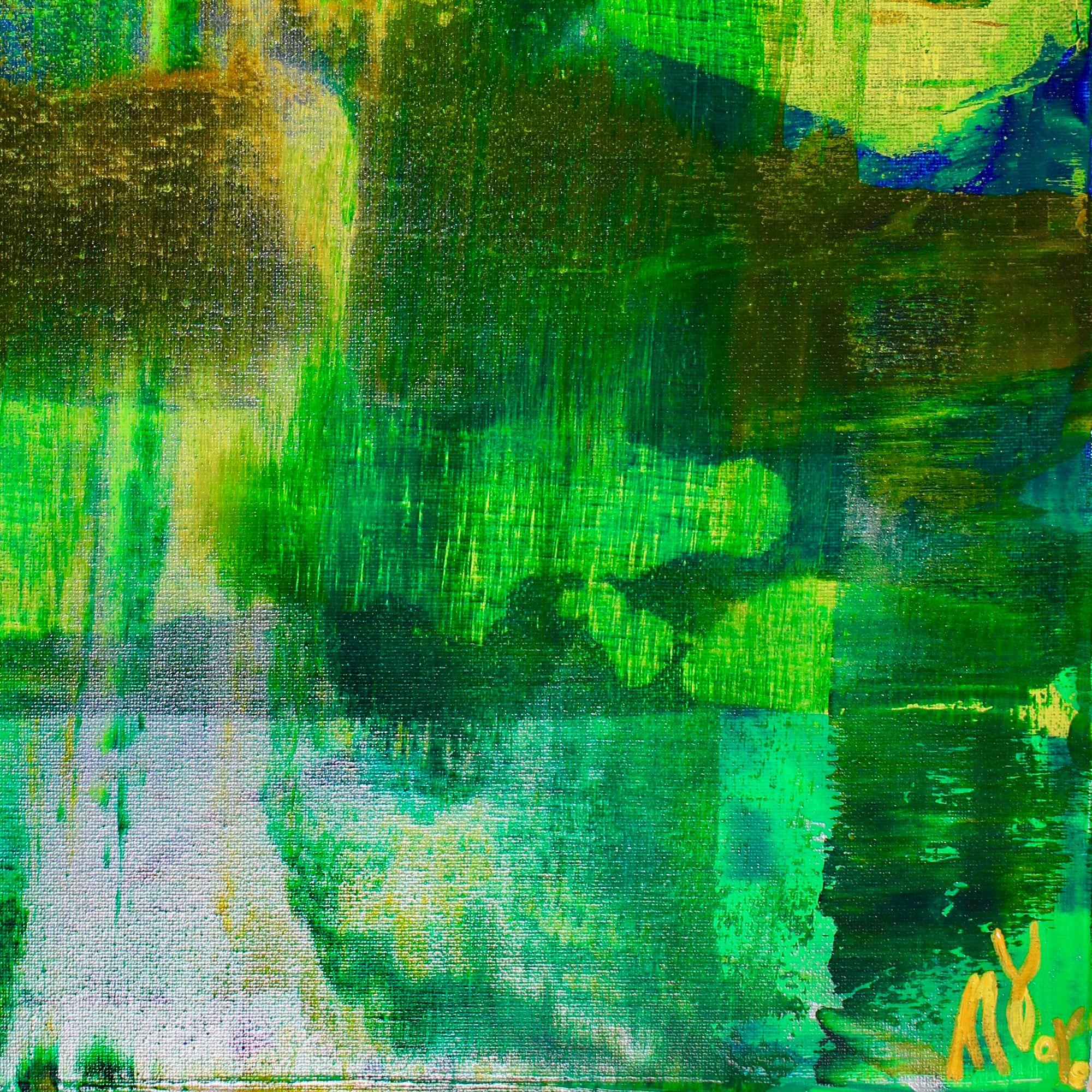 Acrílico abstracto paisaje verde, amarillo, naranja, tinta dorada pintura de campo de color contrastado. Textura y capas con acrílicos translúcidos fluidos y medios iridiscentes.    ORIGINALES ABSTRACTOS FINOS - ¡ÚNICOS EN SU GÉNERO!  Sólo hago