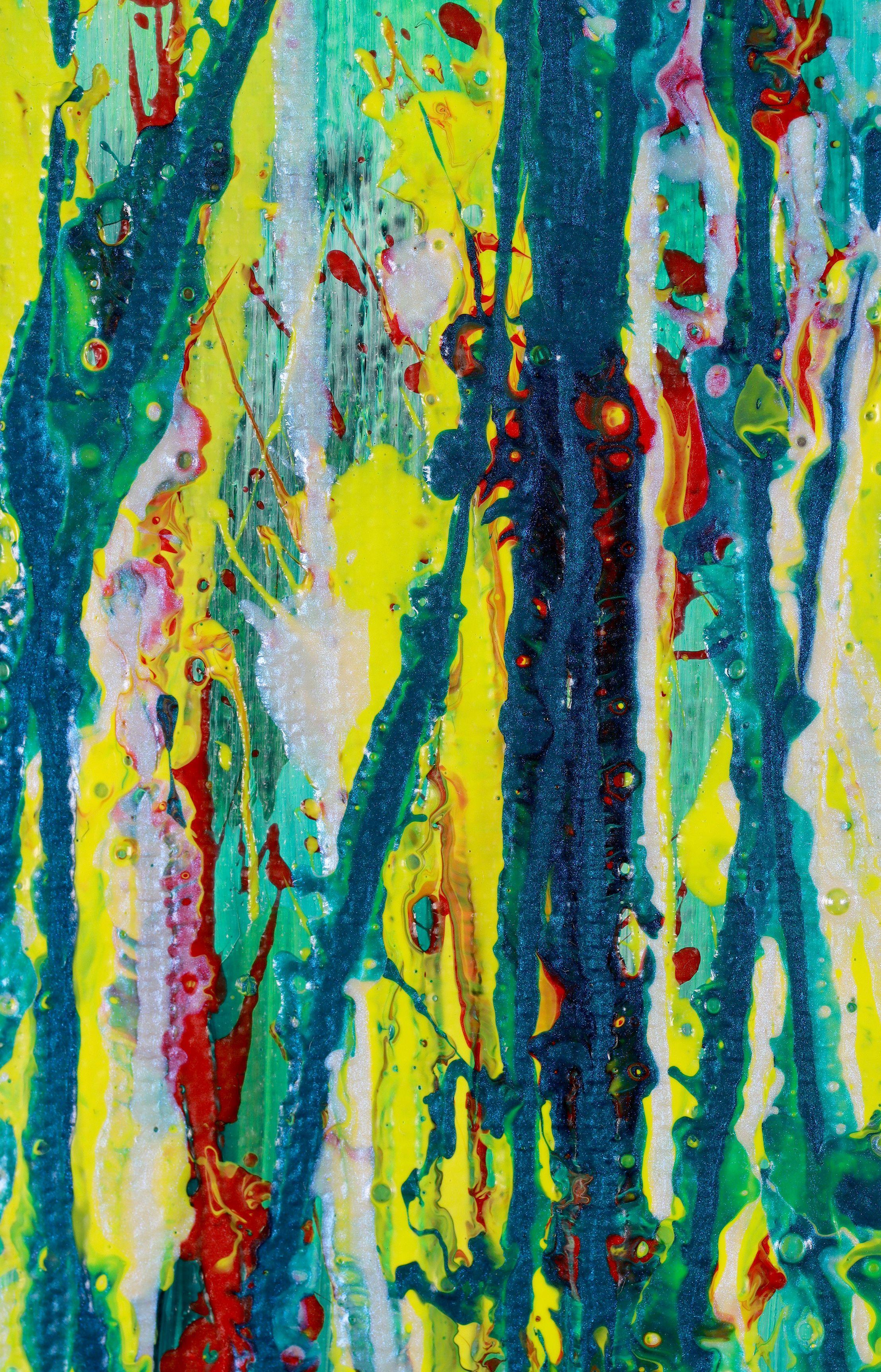 Modern iridescent abstract artwork with many dynamic drizzles and drips over blue deep green and yellow background. Signed in front.    Ready To Hang - No Framing Required!    I include a certificate of authenticity that lists the materials as well