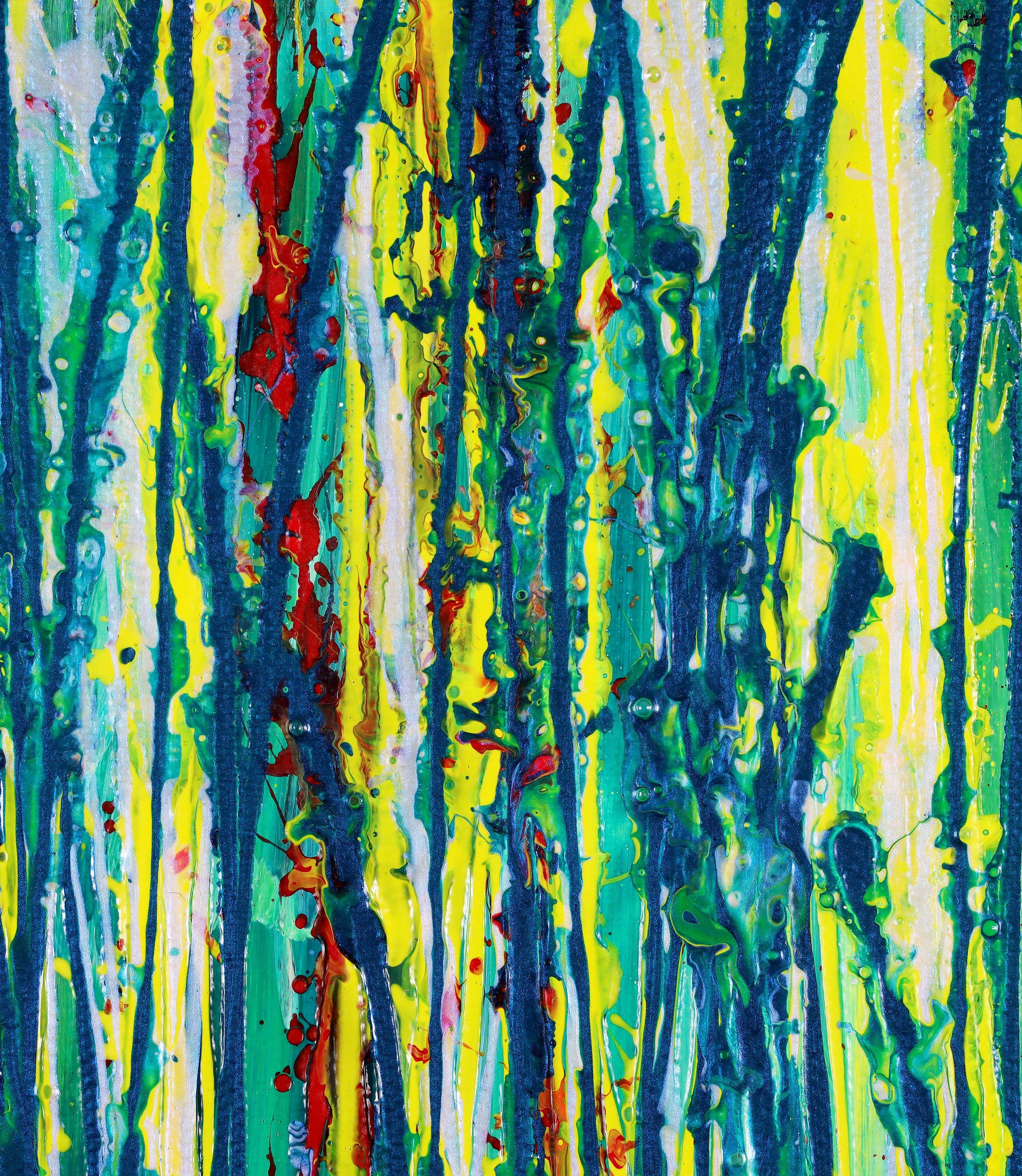 Modernes schillerndes abstraktes Kunstwerk mit vielen dynamischen Nieseln und Tropfen auf blauem tiefgrünem und gelbem Hintergrund. Vorne signiert.    Fertig zum Aufhängen - keine Rahmung erforderlich!    Ich lege ein Echtheitszertifikat bei, in dem