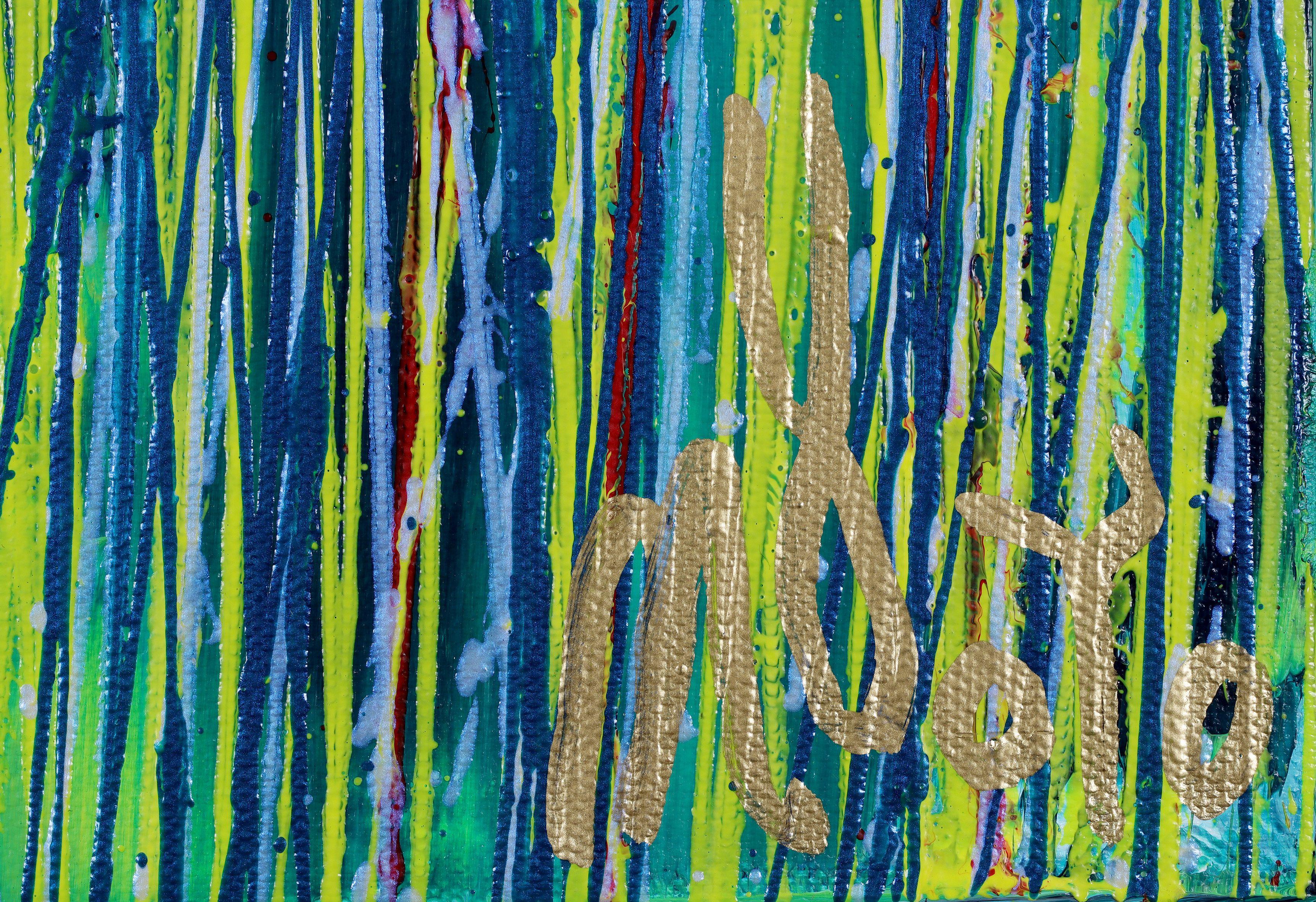 Moderna opera d'arte astratta iridescente con numerosi gocciolamenti dinamici su uno sfondo blu, verde intenso e giallo. Firmato davanti.    Pronto da appendere - non è necessario incorniciare!    Includo un certificato di autenticità che elenca i