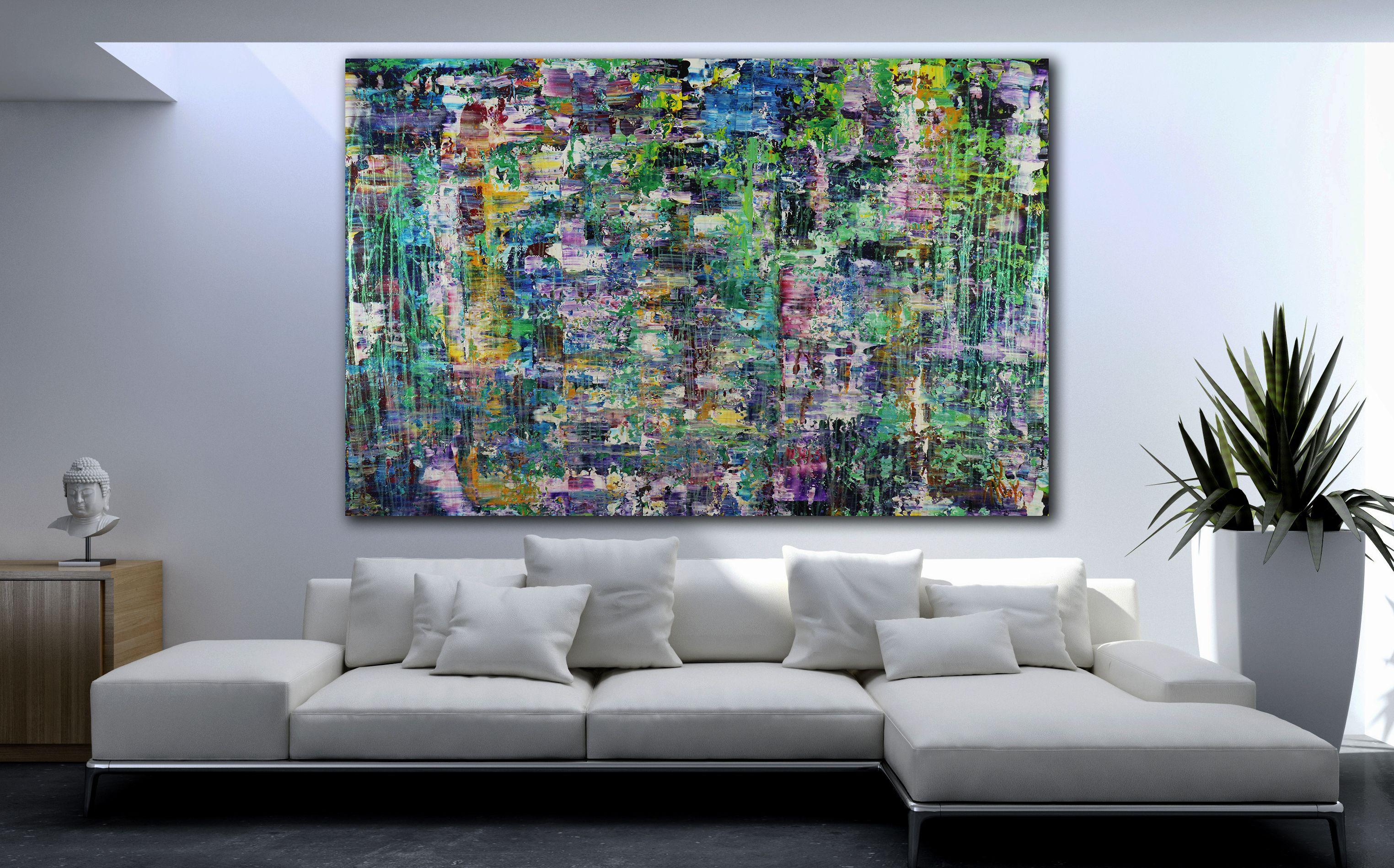 Impactful iridescent abstract colorfield with earthy shades of blue, white, pale blue, purple, greens, cadmium yellow, rose and a shower of Iridescent green. lots of light and nature. Signed in front. Lots of iridescence!    I include a certificate