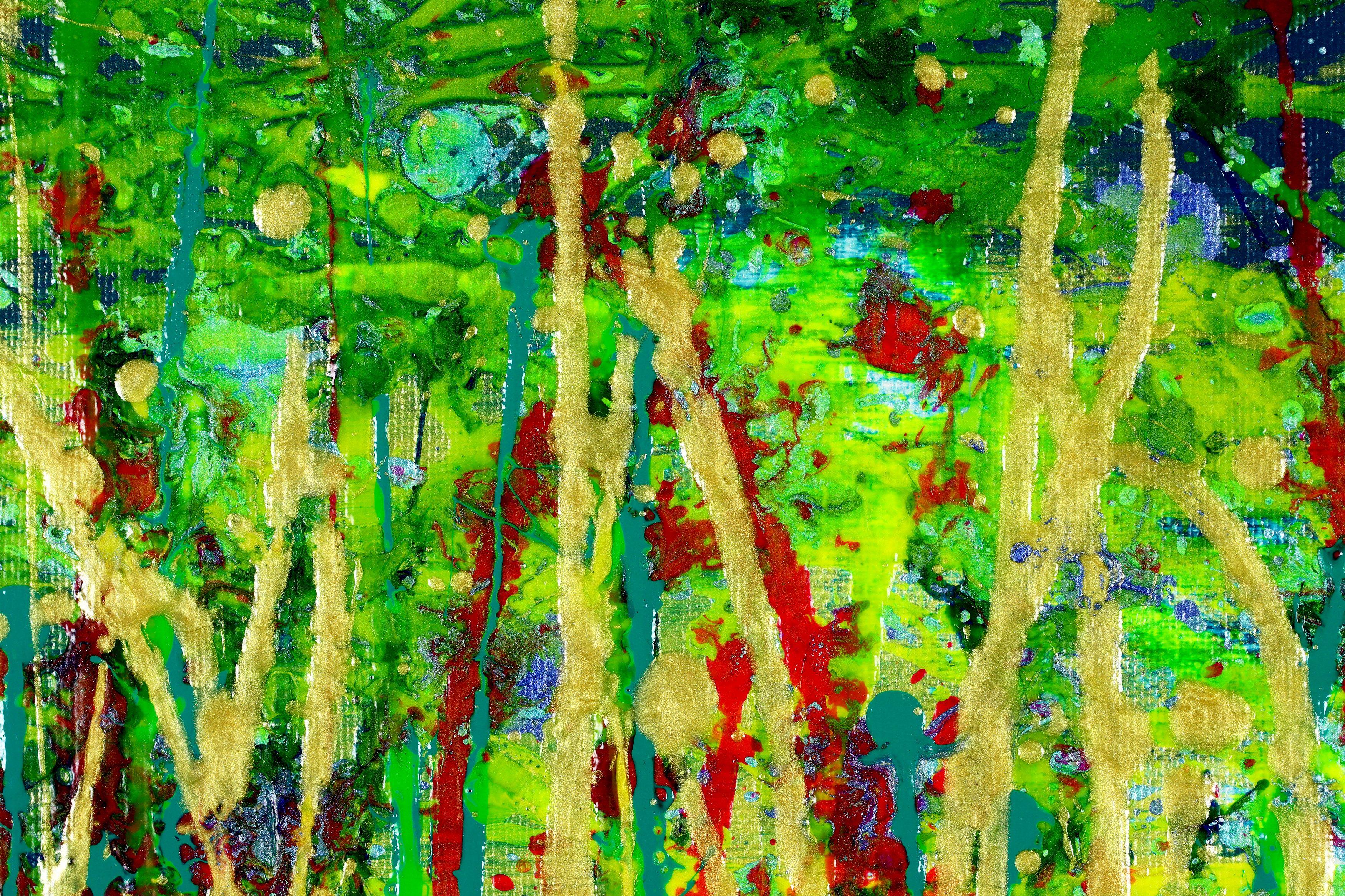 Drei Leinwände, jeweils 16 B x 20 H x 0,7 Zoll.    Ausdrucksstarke moderne abstrakte, mutige voller Leben, Glanz und Schimmer! inspiriert von der Natur, viele Farben kombiniert mit Glimmerpartikeln. Gelb, blau, rot, klare Farbe über hellgrün. Fertig