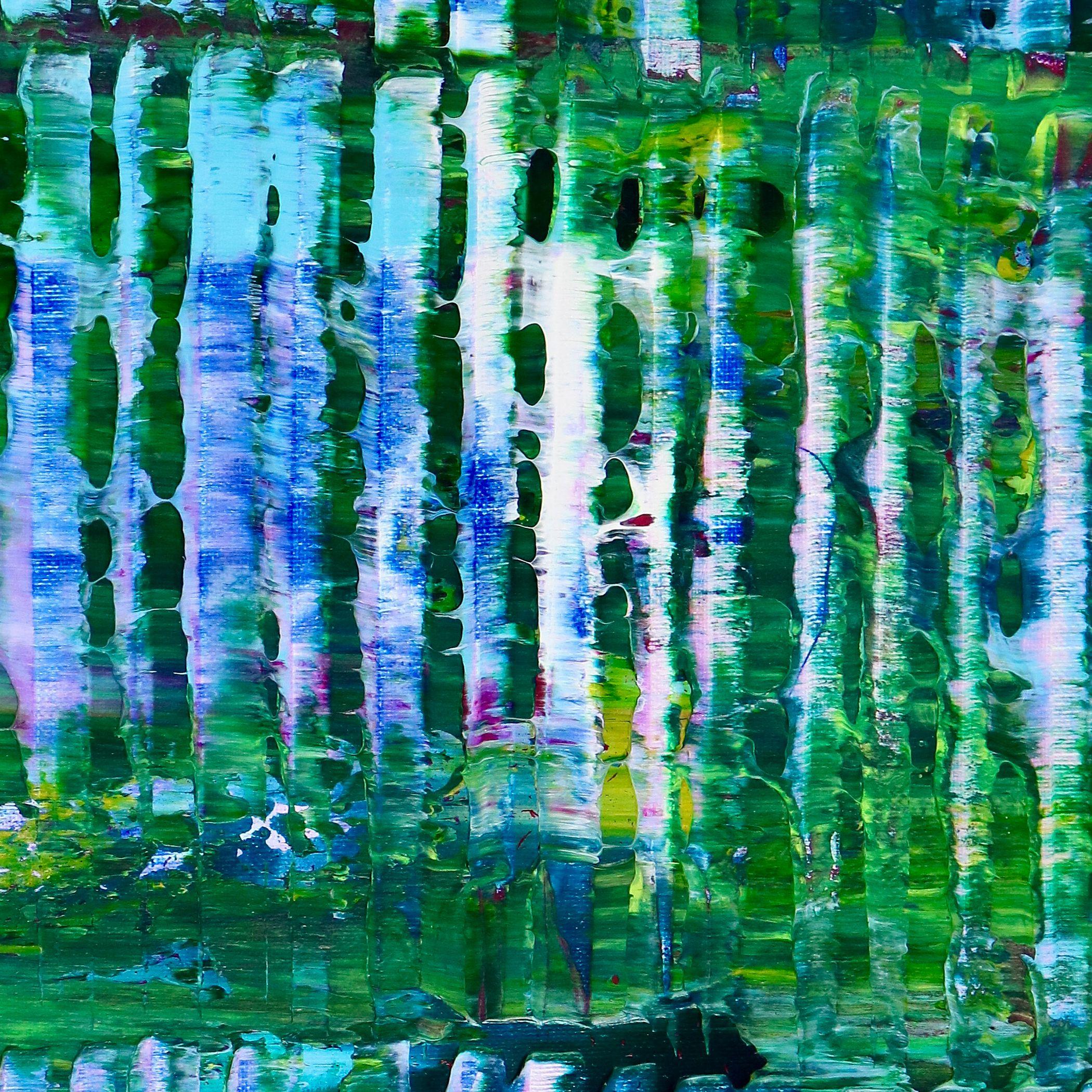 Acrylique sur toile  Abstrait prêt à être accroché    Champ de couleur abstrait avec des nuances audacieuses de vert, de bleu pâle, de jaune et d'un peu de violet, beaucoup de lumière. Cette peinture est livrée montée sur une toile en bois, peinte