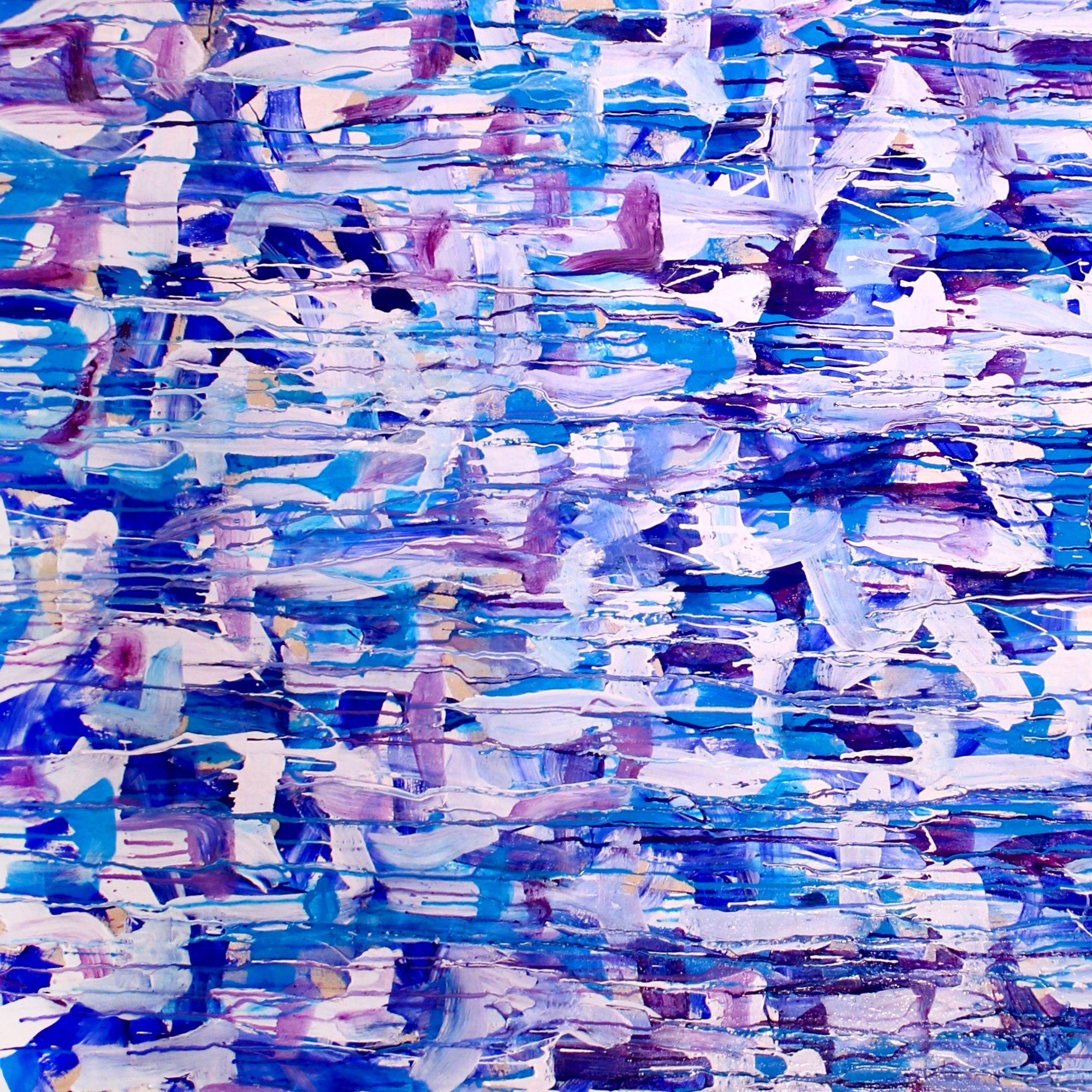 XL IMPACTFUL GESTURAL ARTWORK!     Gestural large painting with lots of brush strokes and drips of shades of blue, vivid purple, pale blue, white and gloss clear acrylic with iridescent mica particles. Impactful statement piece! Signed!     This