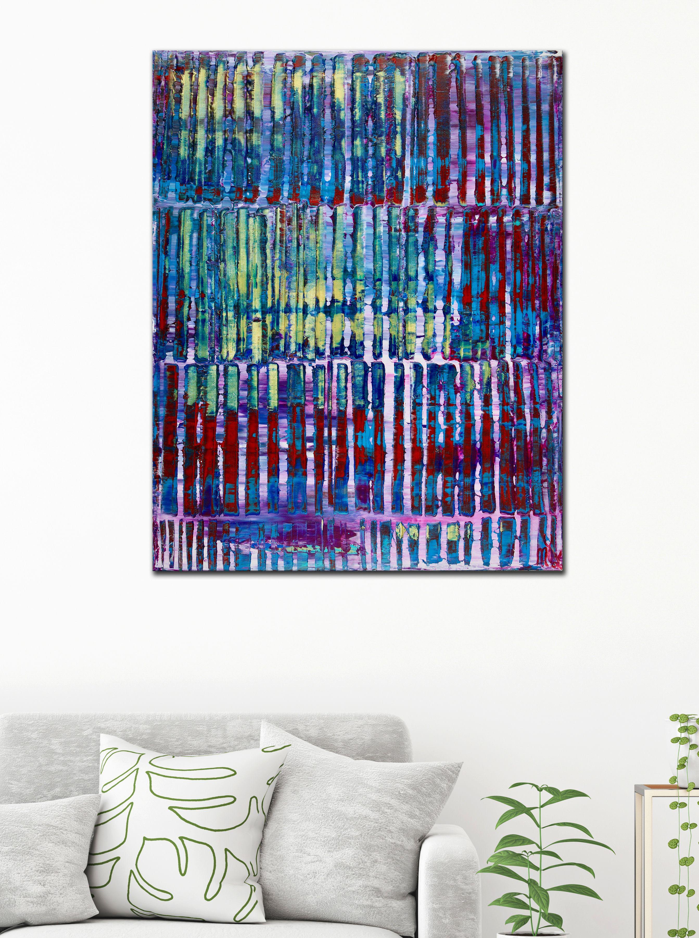Vibrante astratto contemporaneo con una tavolozza di colori vivaci e creste. Rosa, viola, molte sfumature di blu, giallo oro e rosso. Questo quadro arriva montato in una cornice di legno, pronto per essere appeso. Firmato davanti.    Includo un