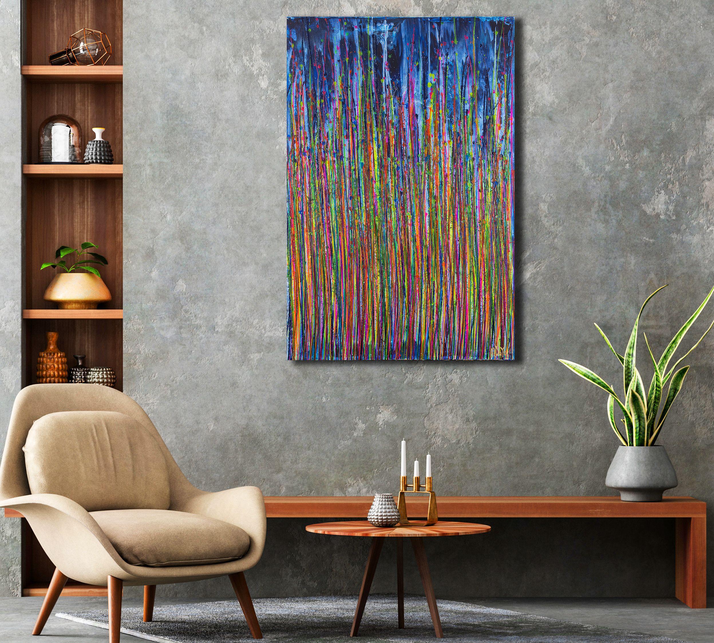 Modern iridescent abstract artwork with many dynamic drizzles and drips in yellow, pink, indigo blue, purple, red, orange, over impactful iridescent blue drizzles. Signed in front with gold ink.    I include a certificate of authenticity that lists