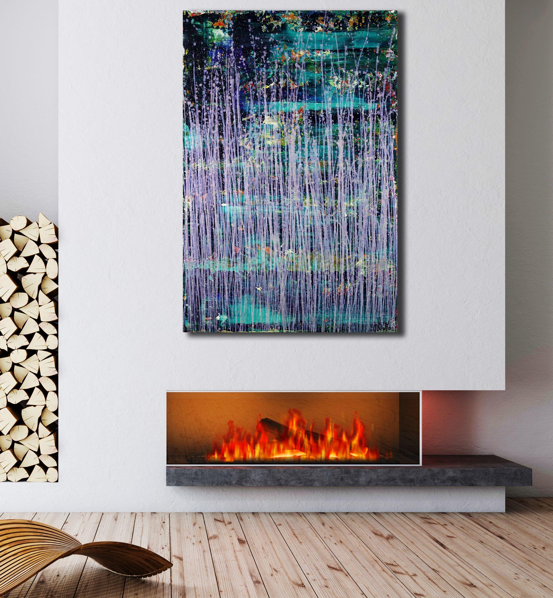 Modern iridescent abstract artwork with many dynamic drizzles and drips in iridescent blue. Signed in front with black ink.    I include a certificate of authenticity that lists the materials as well as when the painting was completed. Fine high