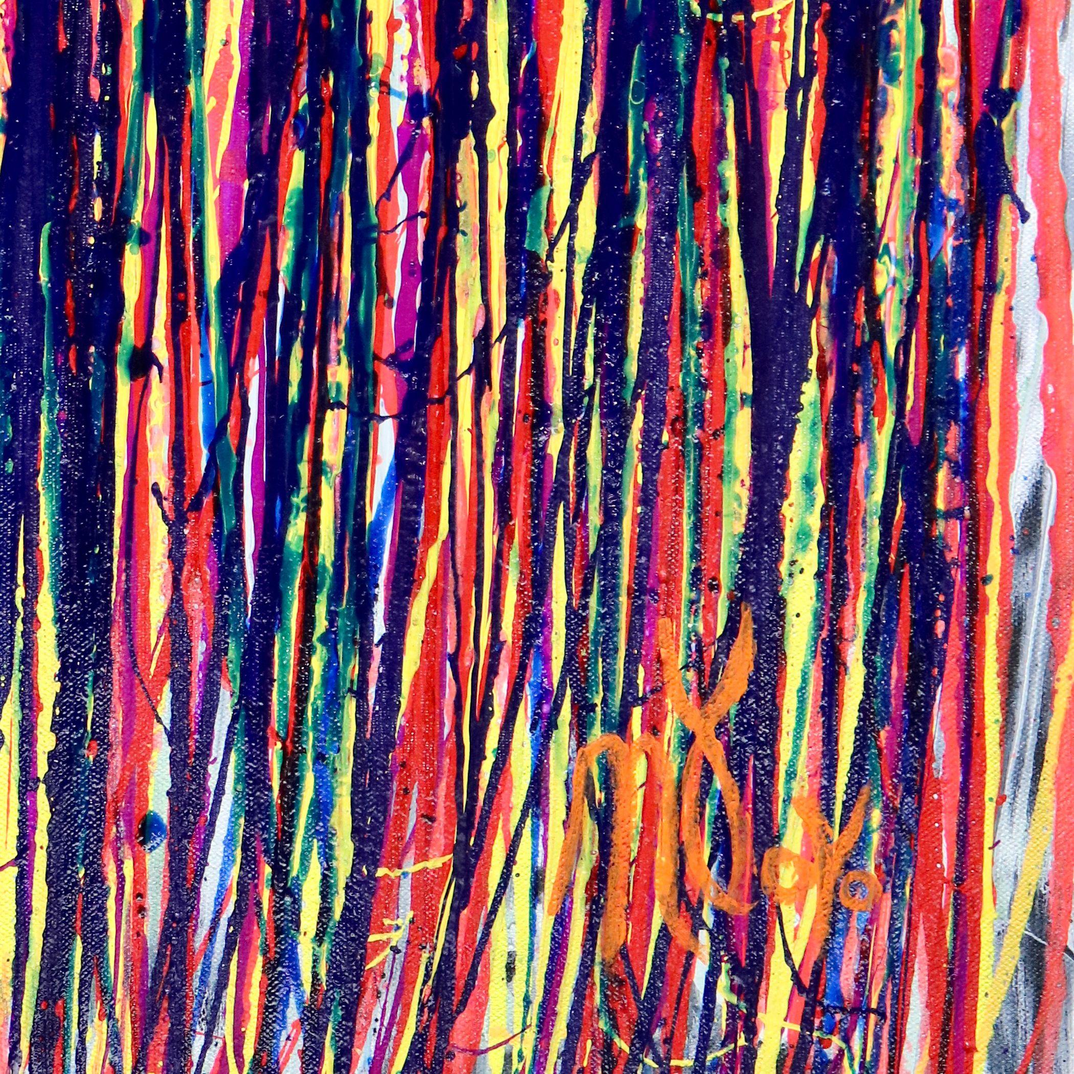 Acryl auf Leinwand    Energetisch, wirkungsvoll, kühn und kontemplativ, inspiriert von der abstrakten Natur. Satte, leuchtende Farben über Weiß und Schwarz. Viele Schattierungen von Blau, Pfirsich, Lila, Rot, Rosa und Gelb. Dieses Kunstwerk ist voll