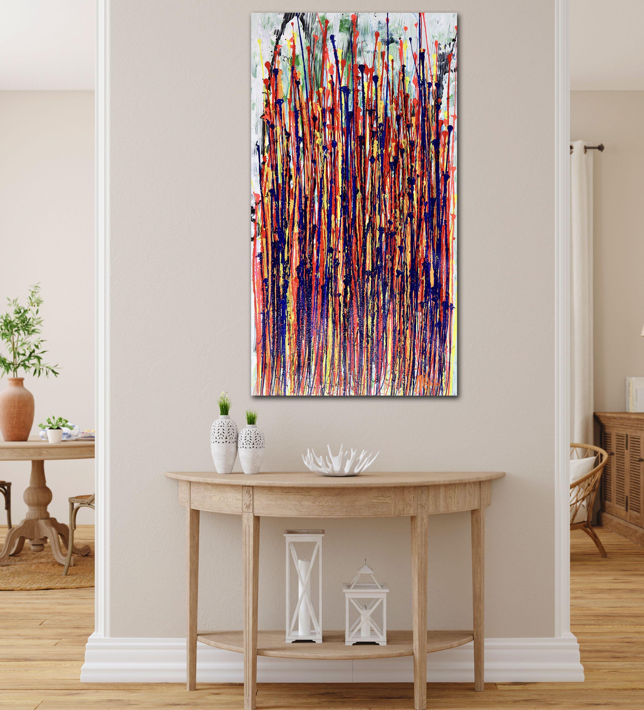 Acrylic on canvas    Energetic, impactful, bold and contemplative inspired by nature abstract. Rich vibrant colors over white and green. Many shades of blue, peach, purple, red, pink and yellow drizzles. This artwork is full of luminance. Signed in
