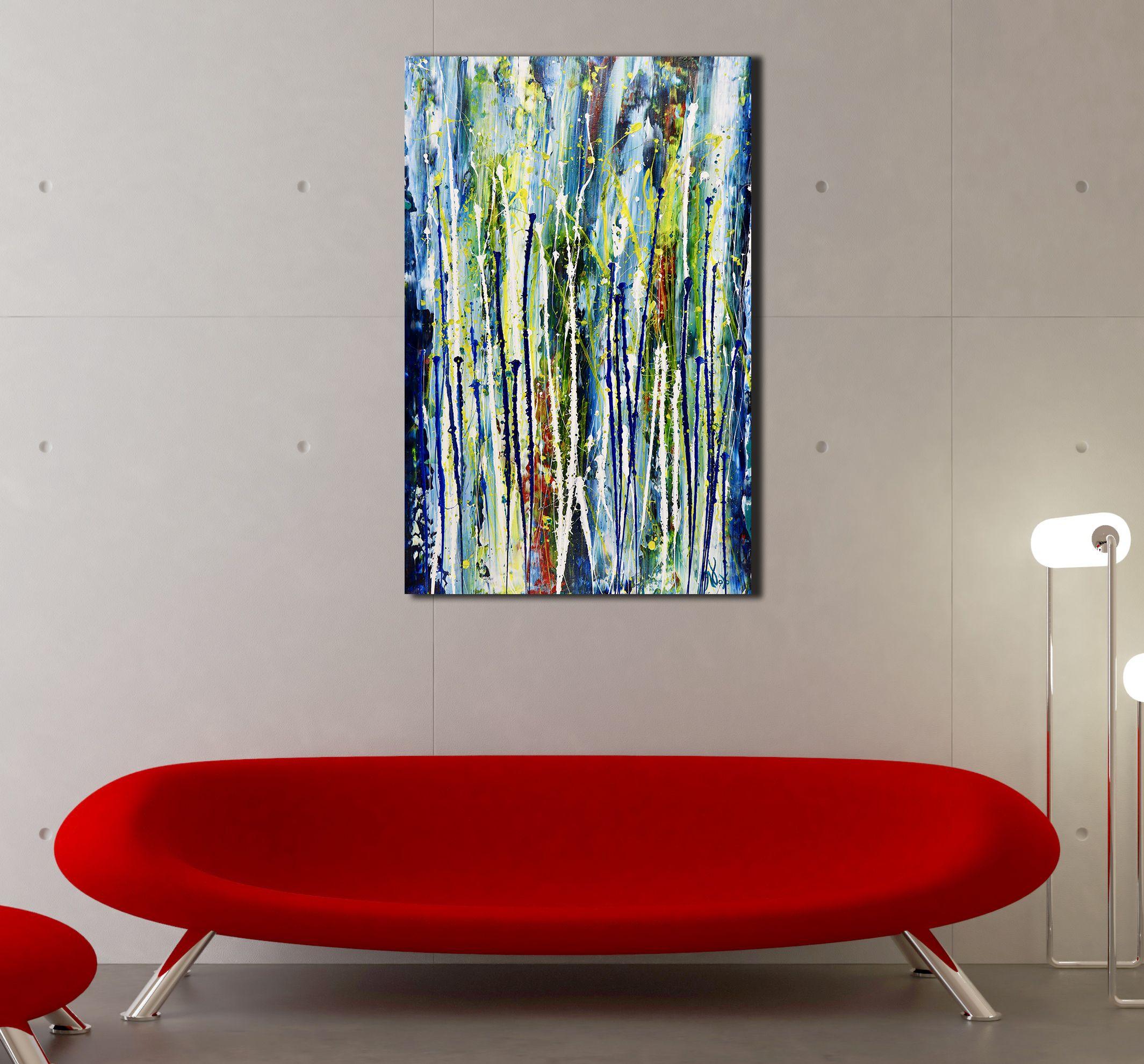 Energetic, impactful, bold and contemplative inspired by nature abstract. Rich colors with lots of light coming a blue, green and white background.    Many shades of blue, green, white, sienna, some red and yellow drizzles. This artwork is full of