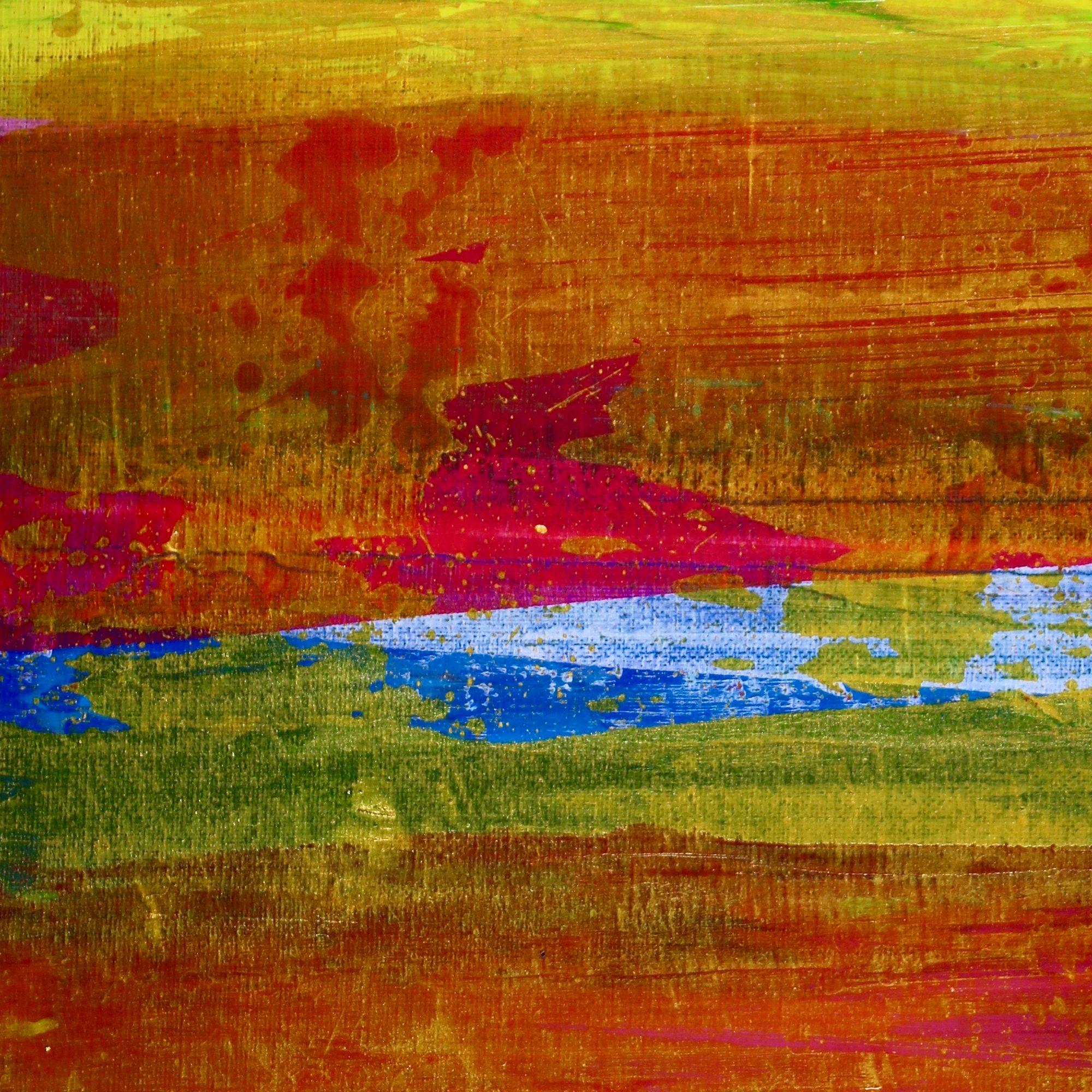 Very vibrant and bold colorfield painting with great light and organic details. Textured with many layers of gesso to prime the canvas then applied high quality Sennelier and Goldern Acrylics and glossy finish. This artwork is very reflective with