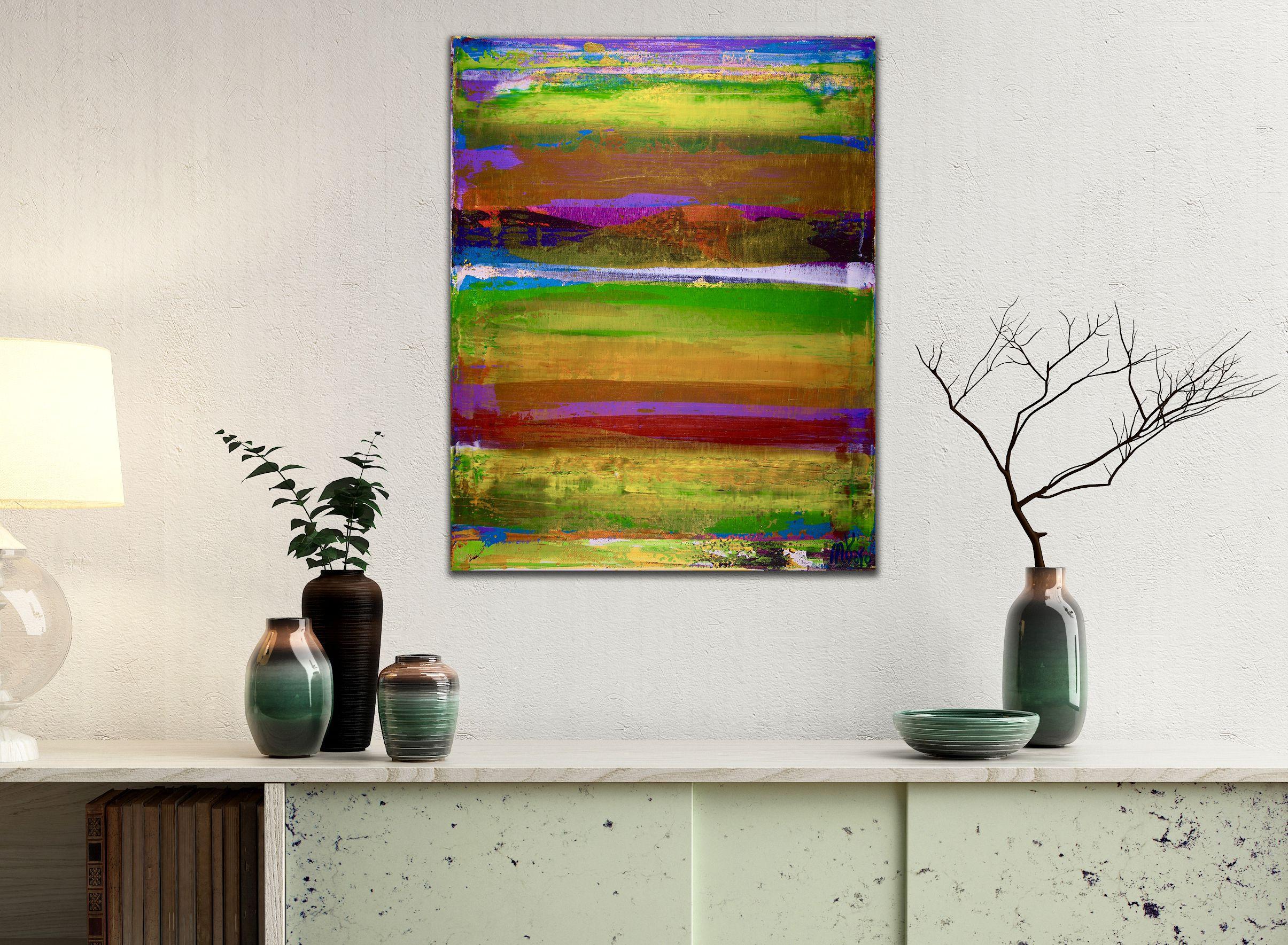 Very vibrant and bold colorfield painting with great light and organic details. Textured with many layers of gesso to prime the canvas then applied high quality Sennelier and Goldern Acrylics and glossy finish. This artwork is very reflective with