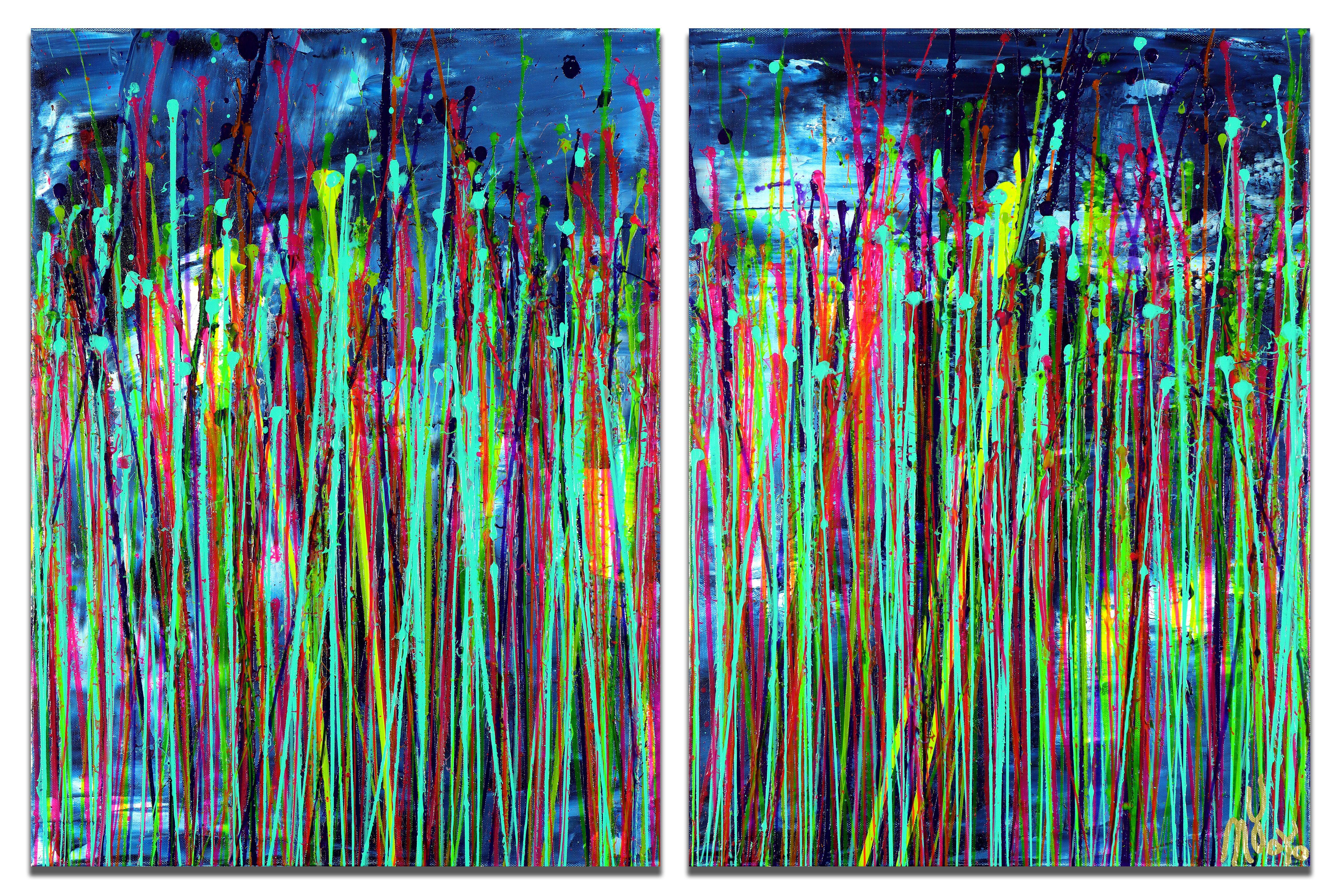 Two canvas 18W x 24H x .5 D in each.    This radiant modern abstract was created using gestural painting technique by blending iridescent drizzles of acrylic paint in what at first appears to be random and yet calming patterns. These works speak to
