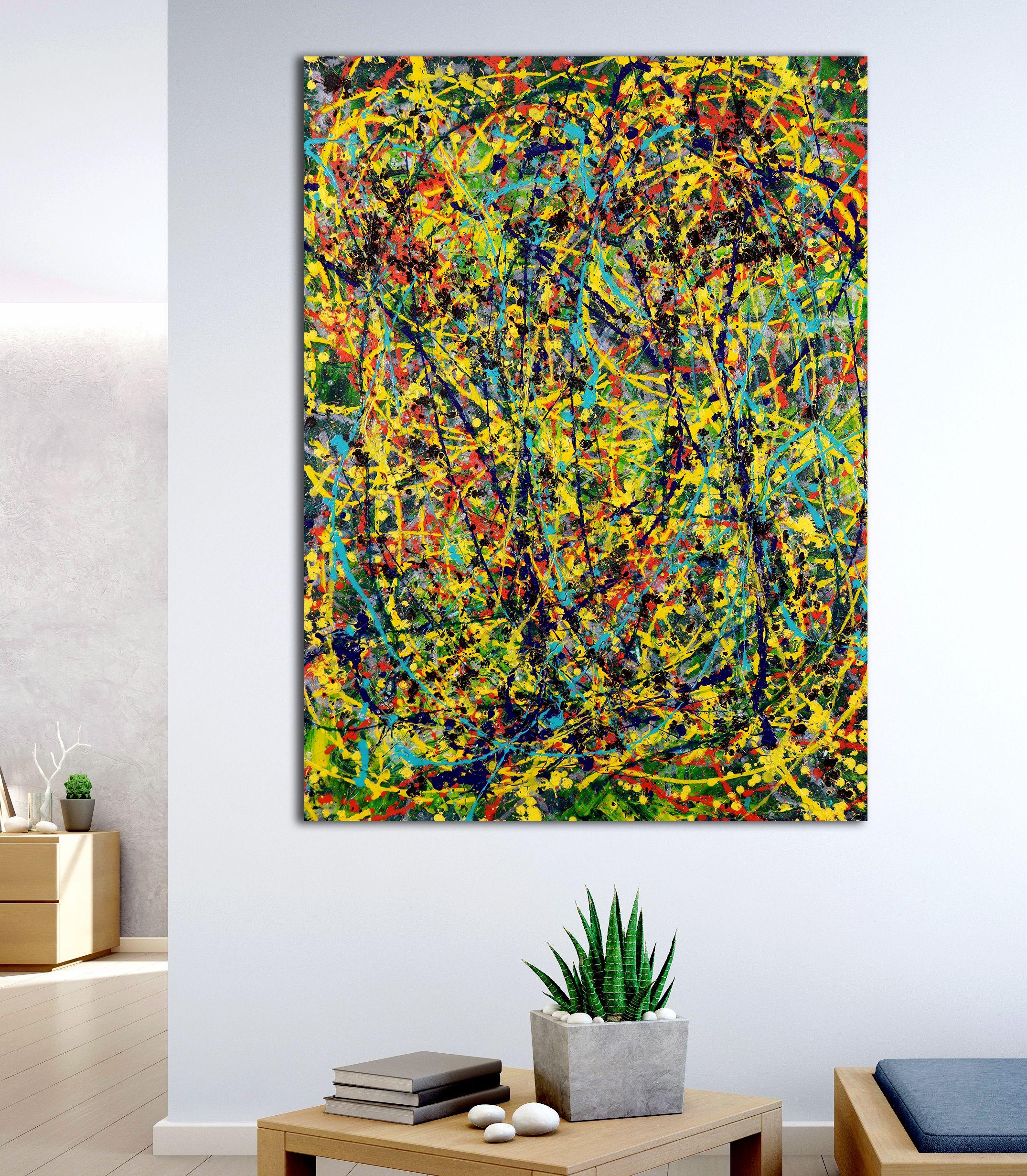 Expressionistic abstract painting with teal, blue, yellow, iridescent clear paint, black, green and lots of iridescence. Completed with gestural motion and energy. Can be displayed in multiple orientations. Signed on the back or front on request.   