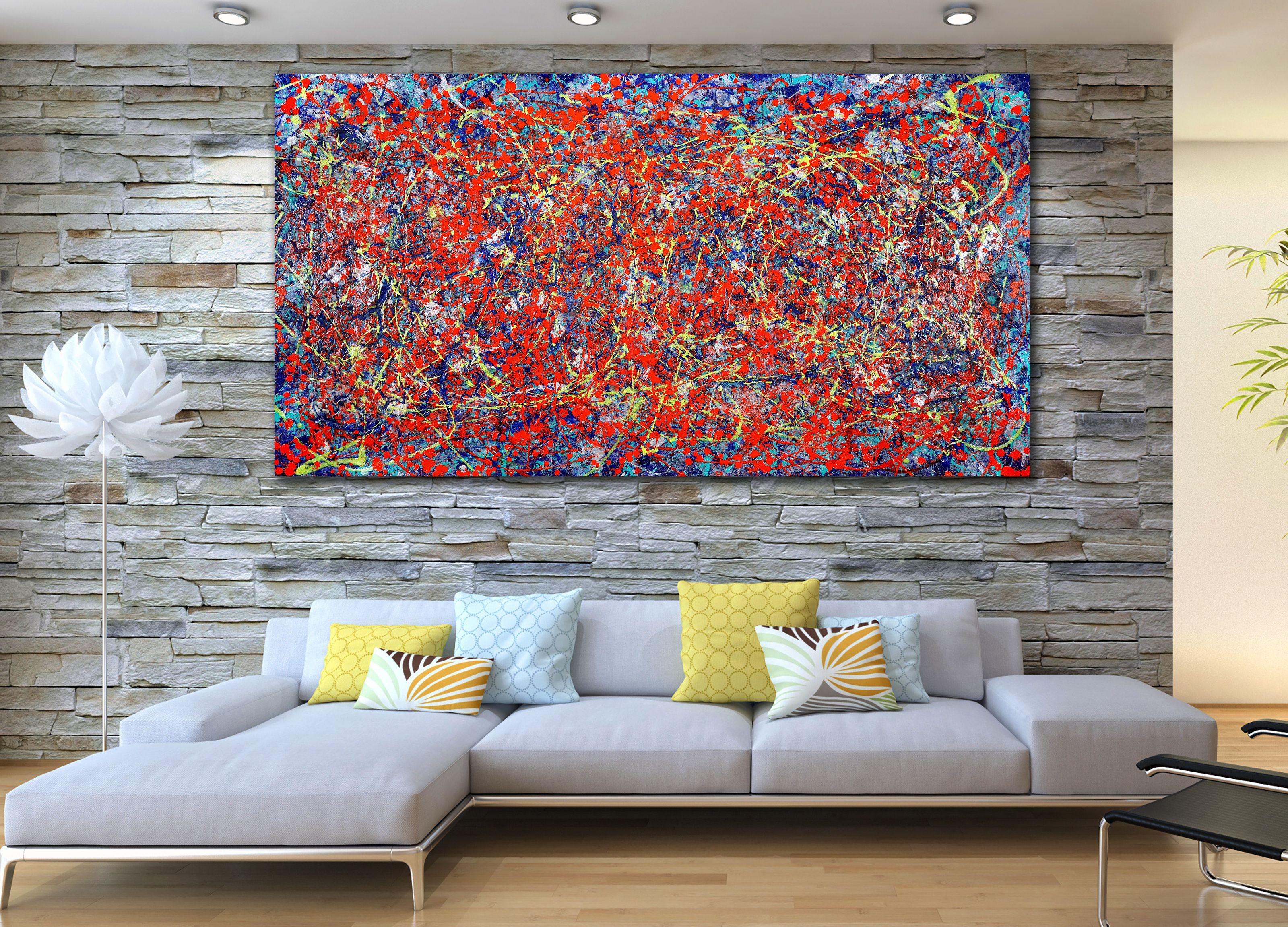 Expressionistic abstract painting with teal, blue, yellow, iridescent clear paint, silver , orange and lots of iridescence. Completed with gestural motion and energy. Can be displayed in multiple orientations. Signed on the back or front on request.