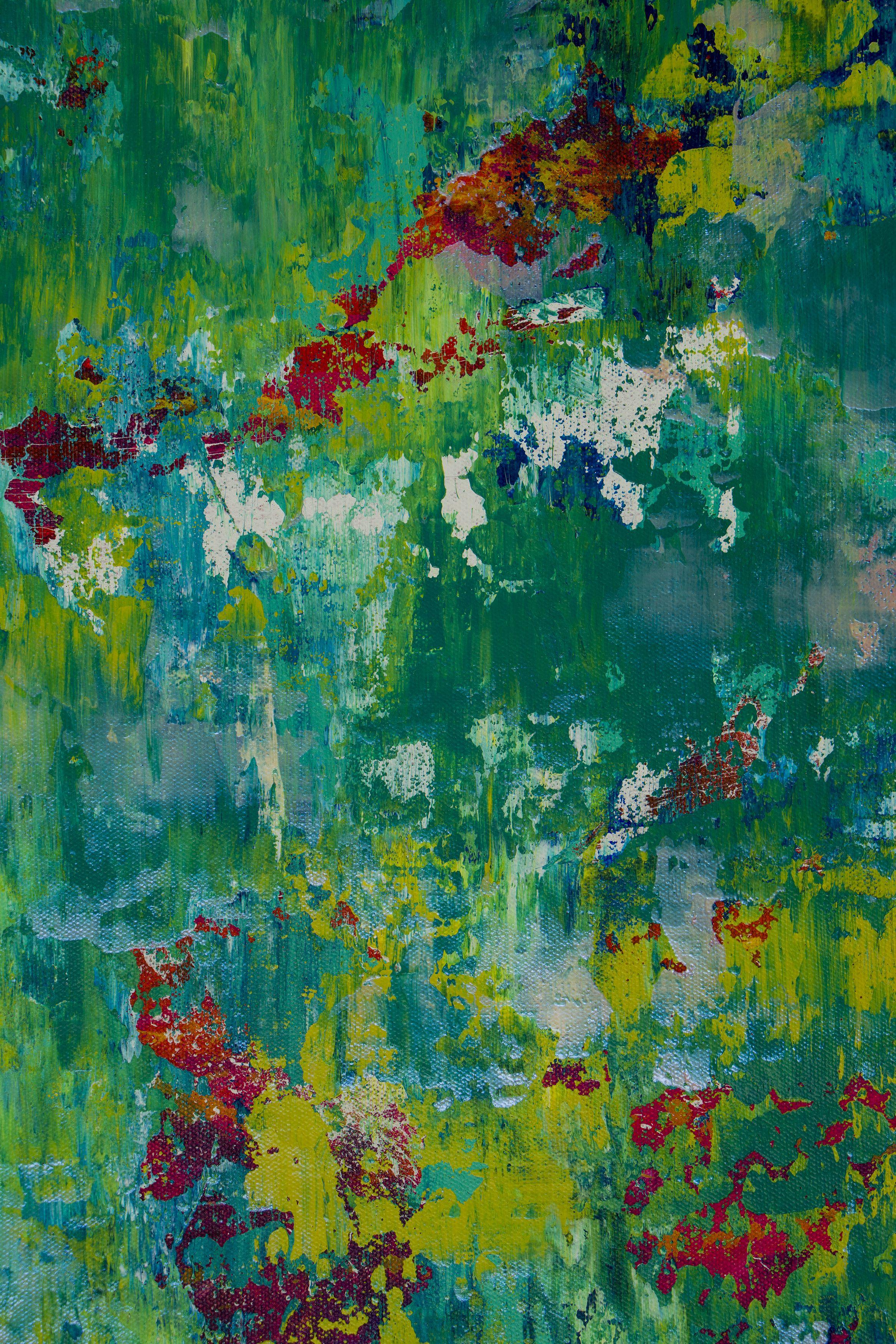 Pittura: Acrilico su tela.    Un dipinto di paesaggio contemplativo e audace con una vibrante fusione di colori, contrasto e dettagli. Strati di verde, blu, turchese, rosso, arancione e blu iridescente.    Quest'opera d'arte è lucida con dettagli a