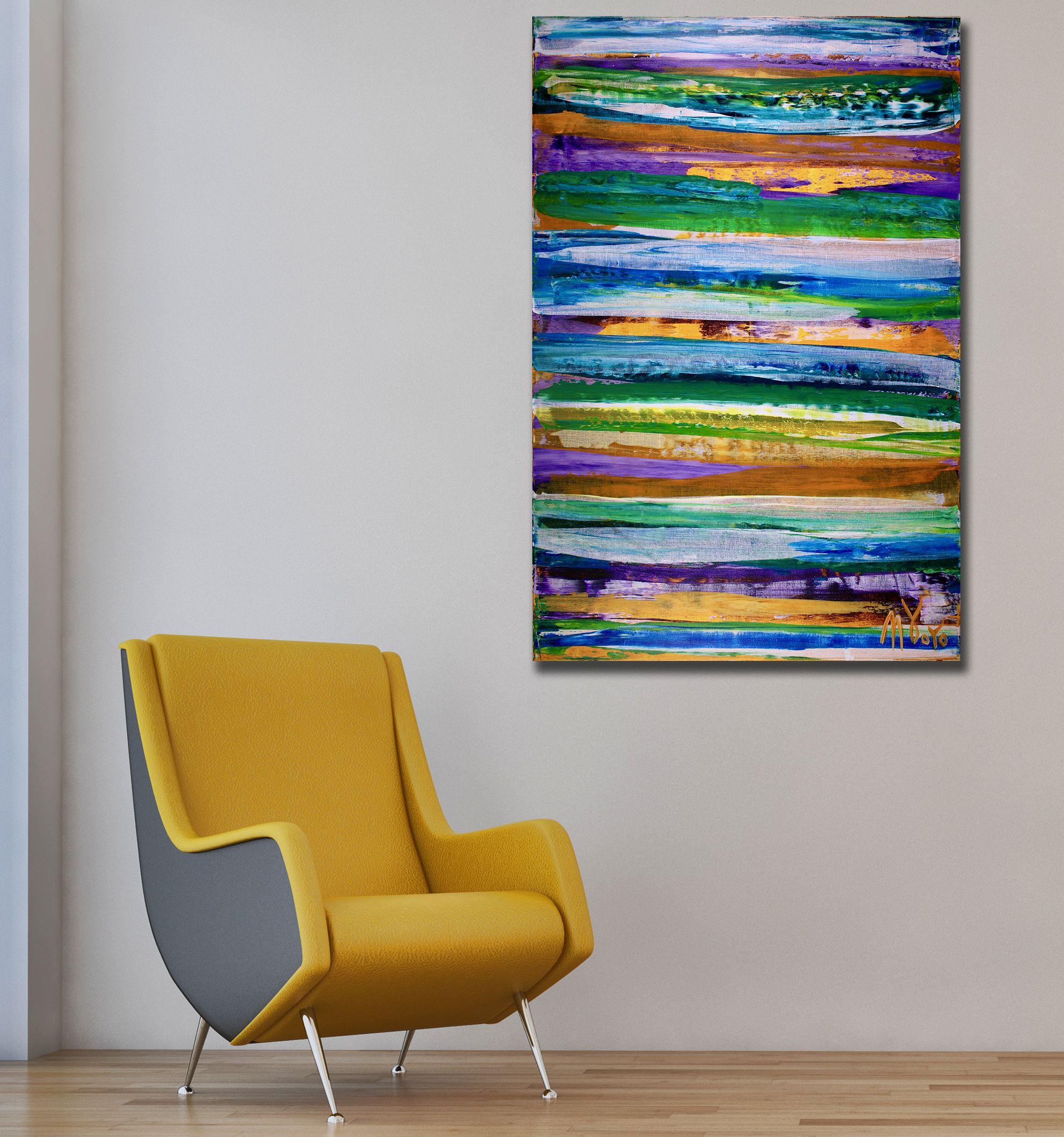 Tavolozza di colori vivaci e audaci in campo acrilico astratto. Gialli, blu, verdi, viola, toni della terra. Un pezzo audace e bello da vedere!     Questo quadro astratto originale, unico nel suo genere, è stato creato dal pittore astratto Nestor