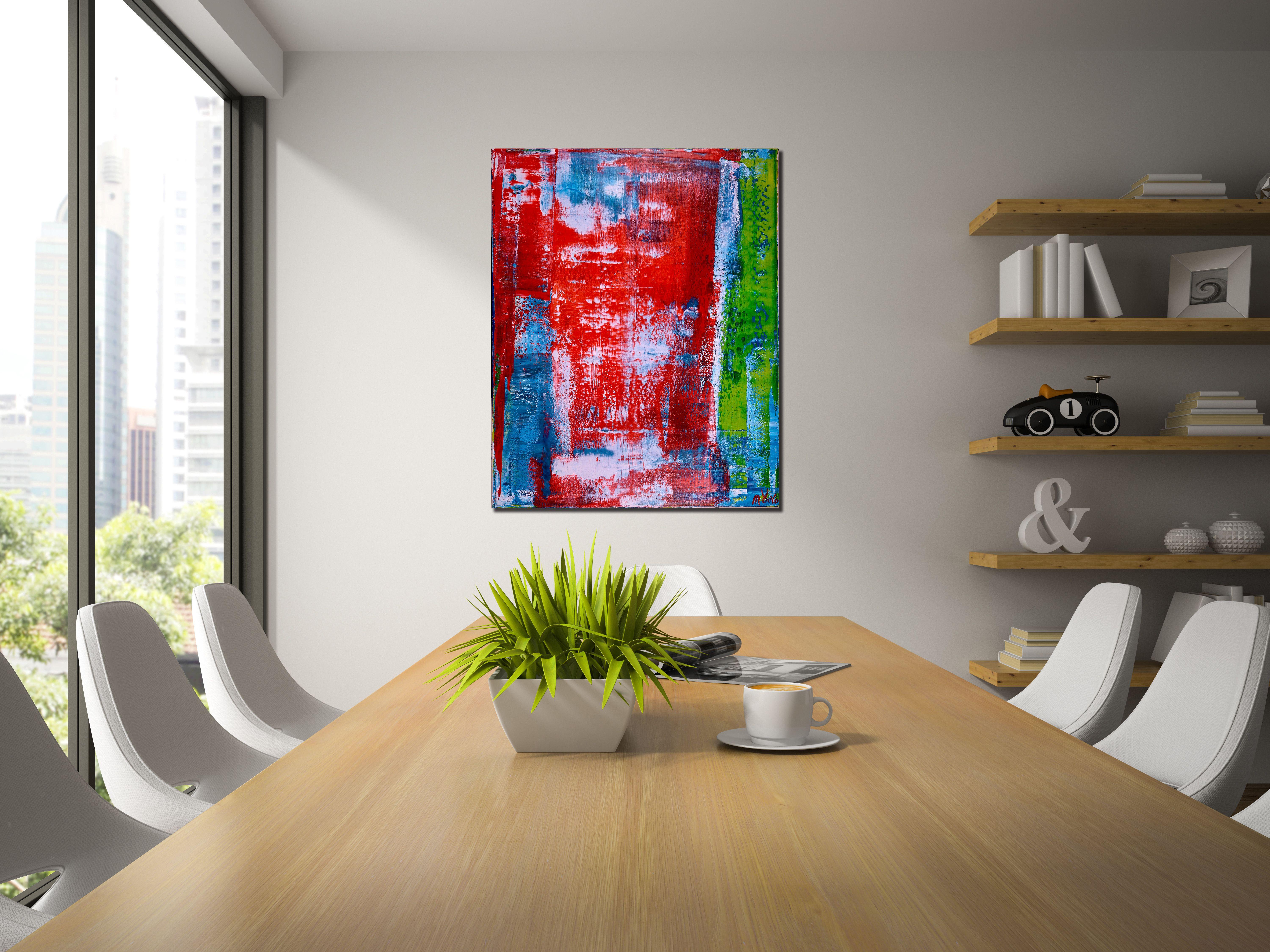 Campo di colore astratto ispirato alla foresta, pittura acrilica a strati, texture. Toni audaci di blu, rosso, verde chiaro e bianco. Tanti strati spontanei e ispirati ai tropici, alla pioggia e alla bellezza!     Questo quadro arriva con un gancio