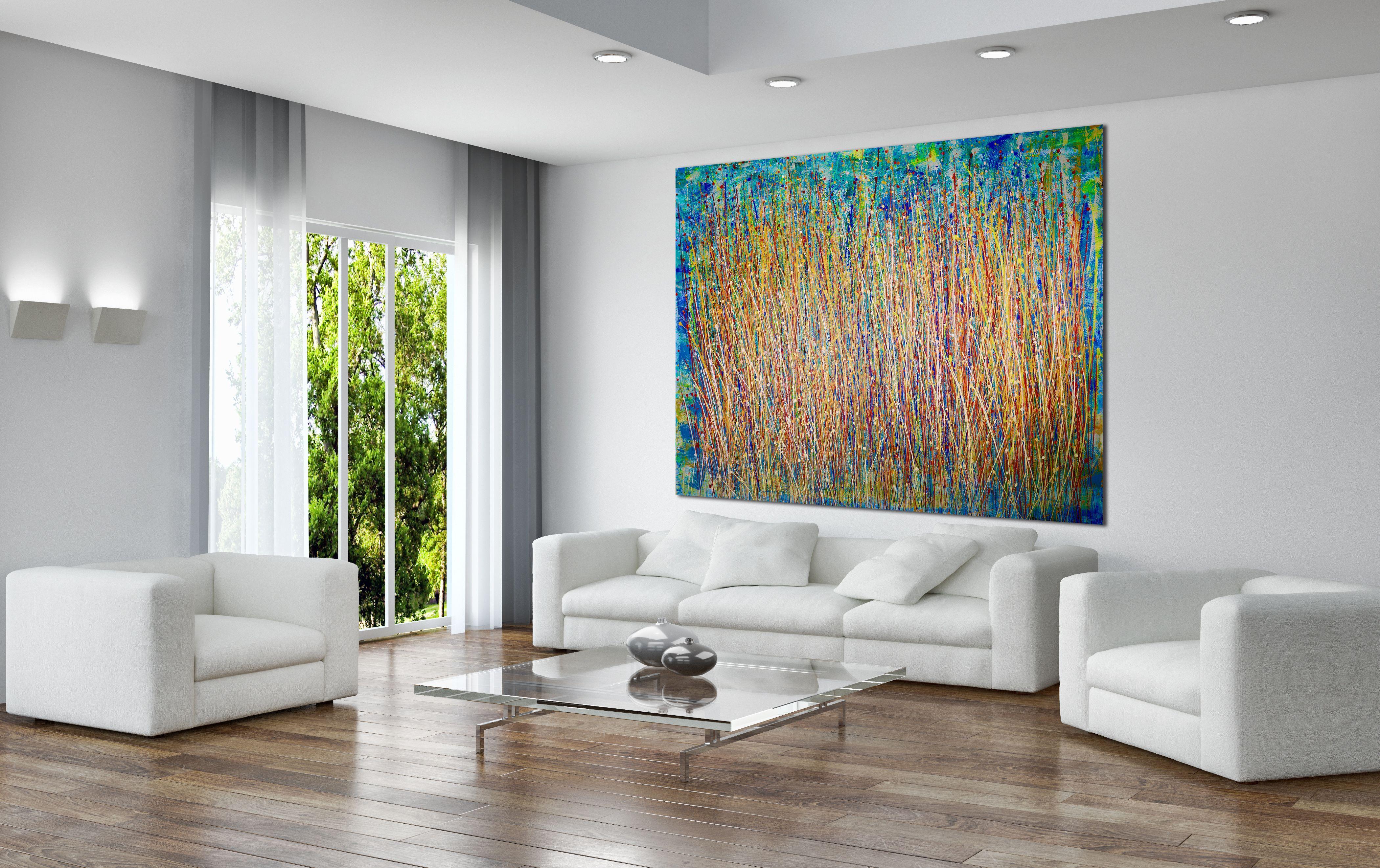 Oversized bold and very detailed piece with contrasting color blending, lots of drips and big palette knife strokes. This painting was completed after thousands of paint strokes of many color arrange all in motion and harmony, full of light and fast
