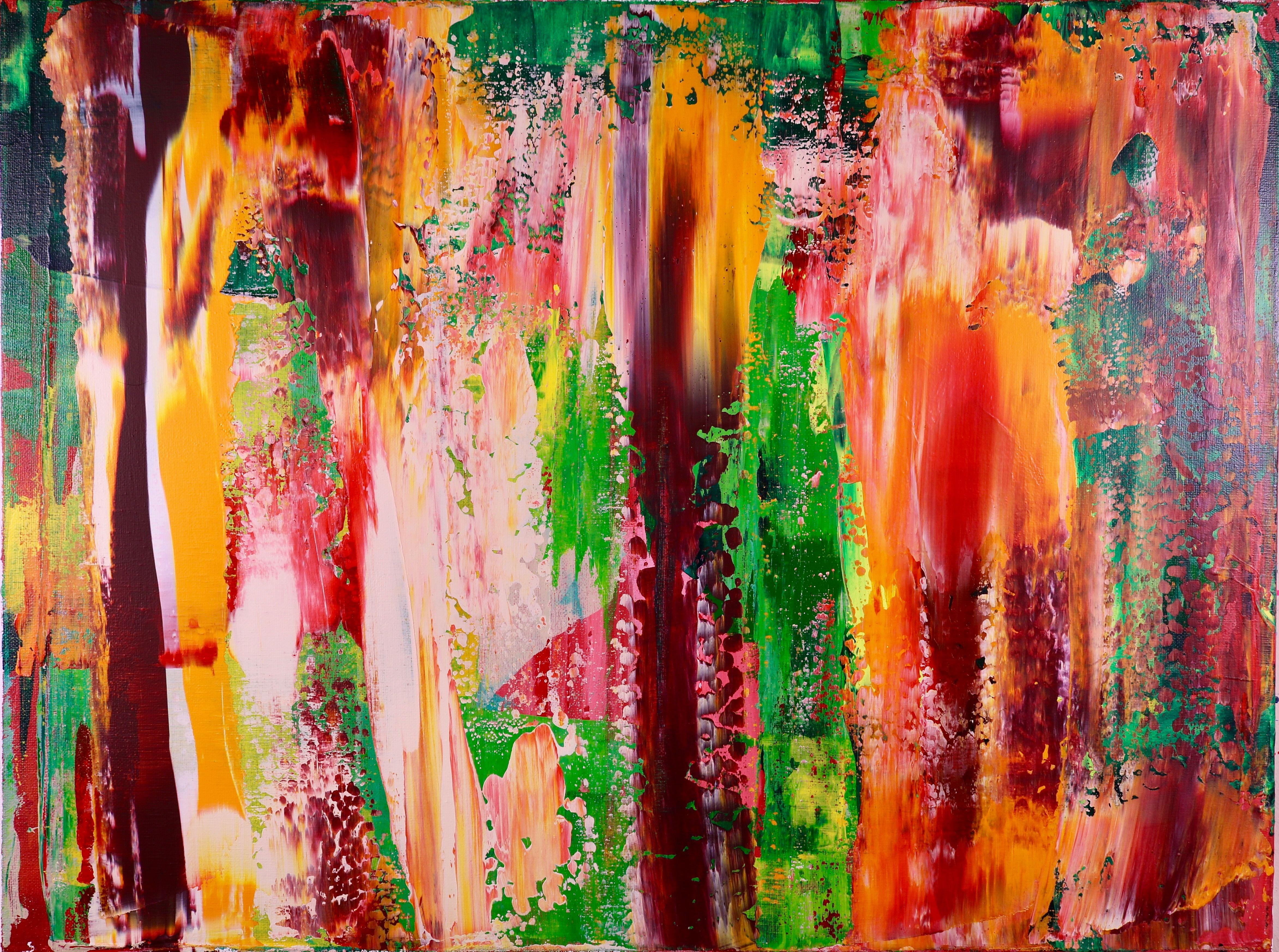 Opera d'arte astratta in acrilico con molti colori che si mescolano e contrastano organicamente tra loro creando un'esplosione visiva, contemplativa e con dettagli raffinati. Dipinto con spatole, spatole, acrilici Sennelier e Golden di alta qualità