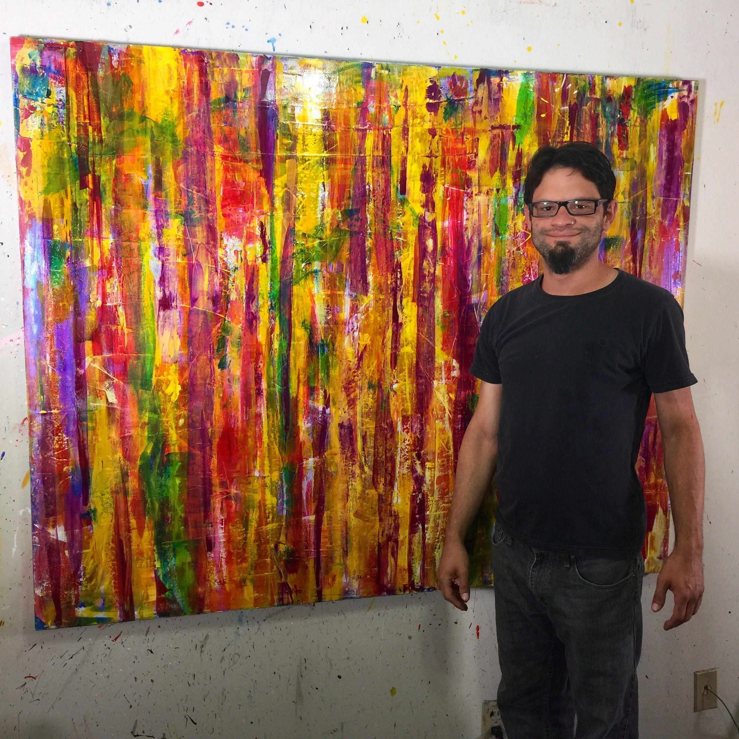 UN LAVORO DI DICHIARAZIONE ENORME!    Questo pezzo è dedicato ad abbracciare tutti i colori che amo, in particolare il giallo cromo. Una serie di texture su tela gesso stratificata utilizzando acrilici fluidi e traslucidi e medium iridescenti per