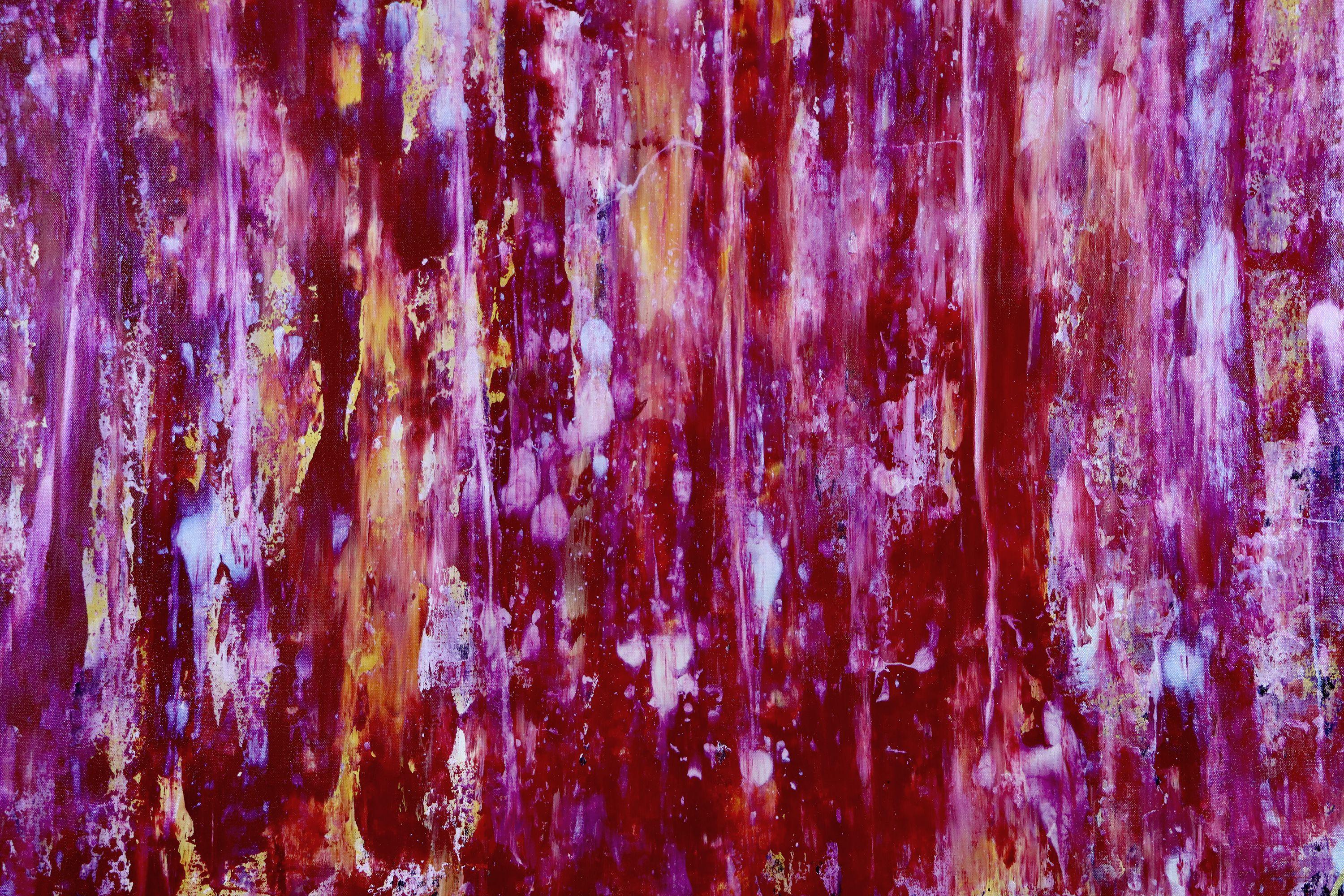 Bold contemplative color field with fiery colors! red, magenta, purple, yellow, orange with iridescent blue and purple effects. This painting was completed using palette knifes. Artwork arrives ready in a tube and signed in front with gold ink.    I