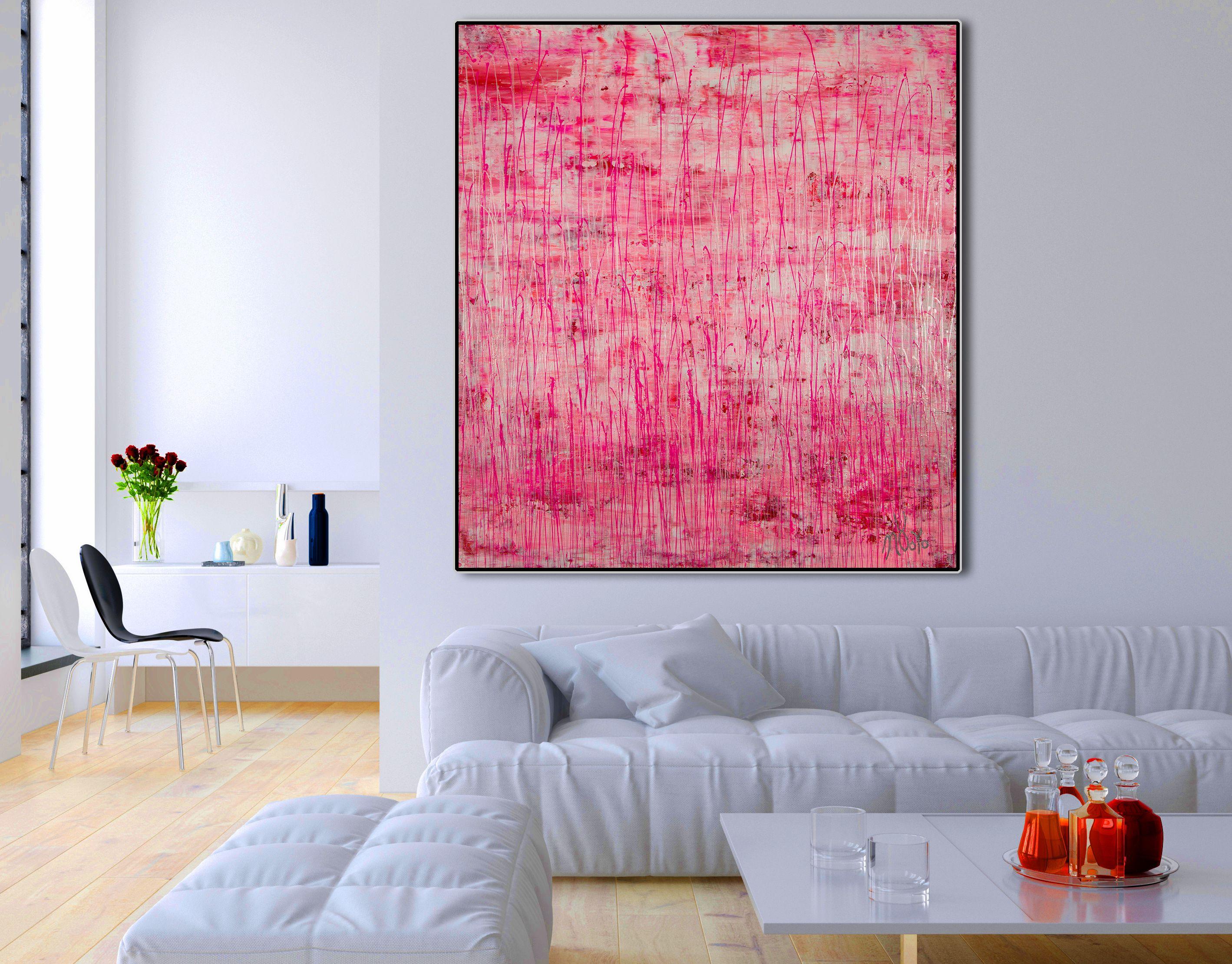 Painting: Acrylic on Canvas.    Abstract iridescent painting  acrylic on canvas    This artwork was created layering and blending layers of pearl white, iridescent silver, light pink, pink and iridescent mica particles with silver paint drizzles.