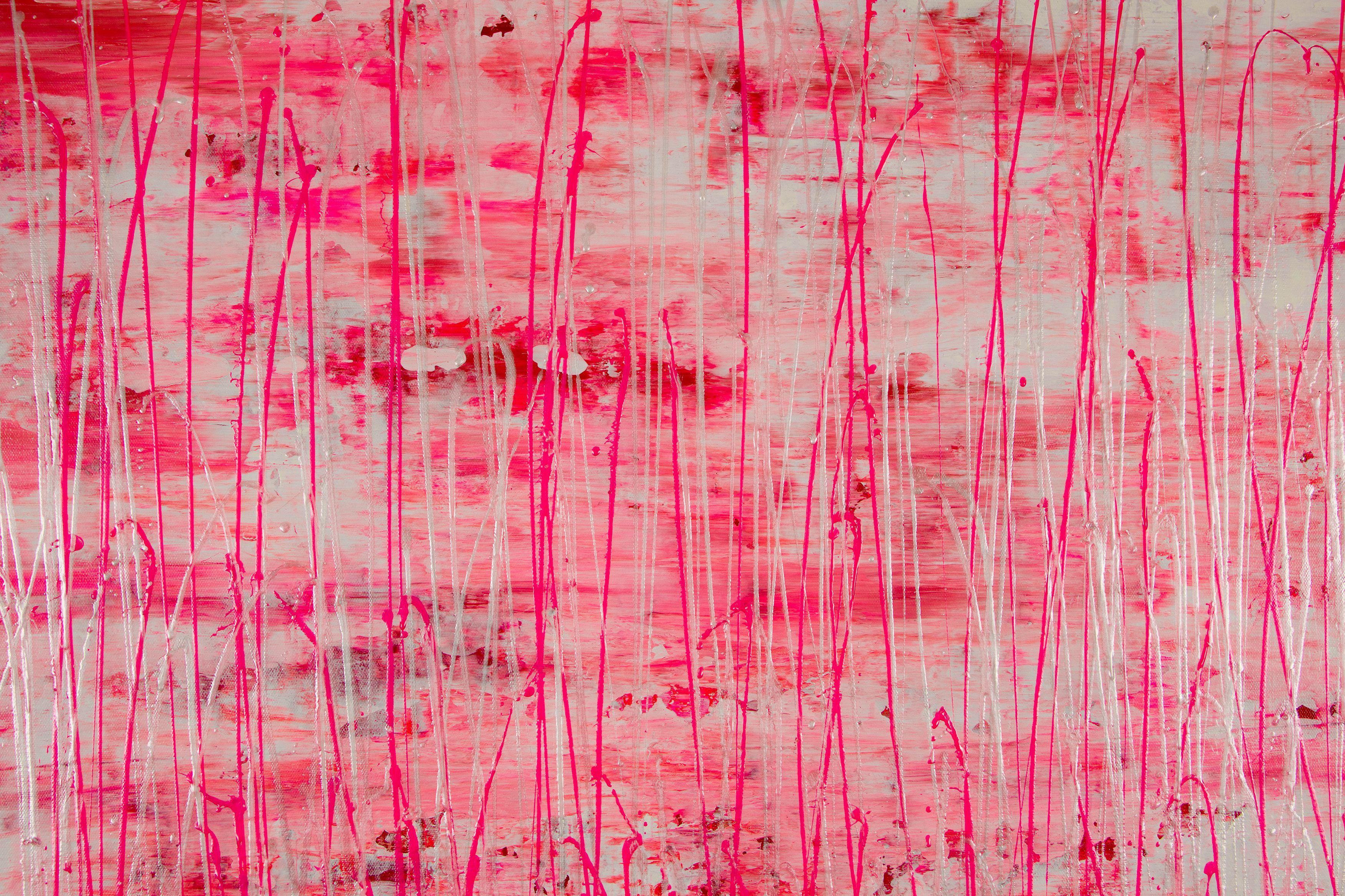 Iridescent Drizzles (Rain in pink), Painting, Acrylic on Canvas For Sale 3