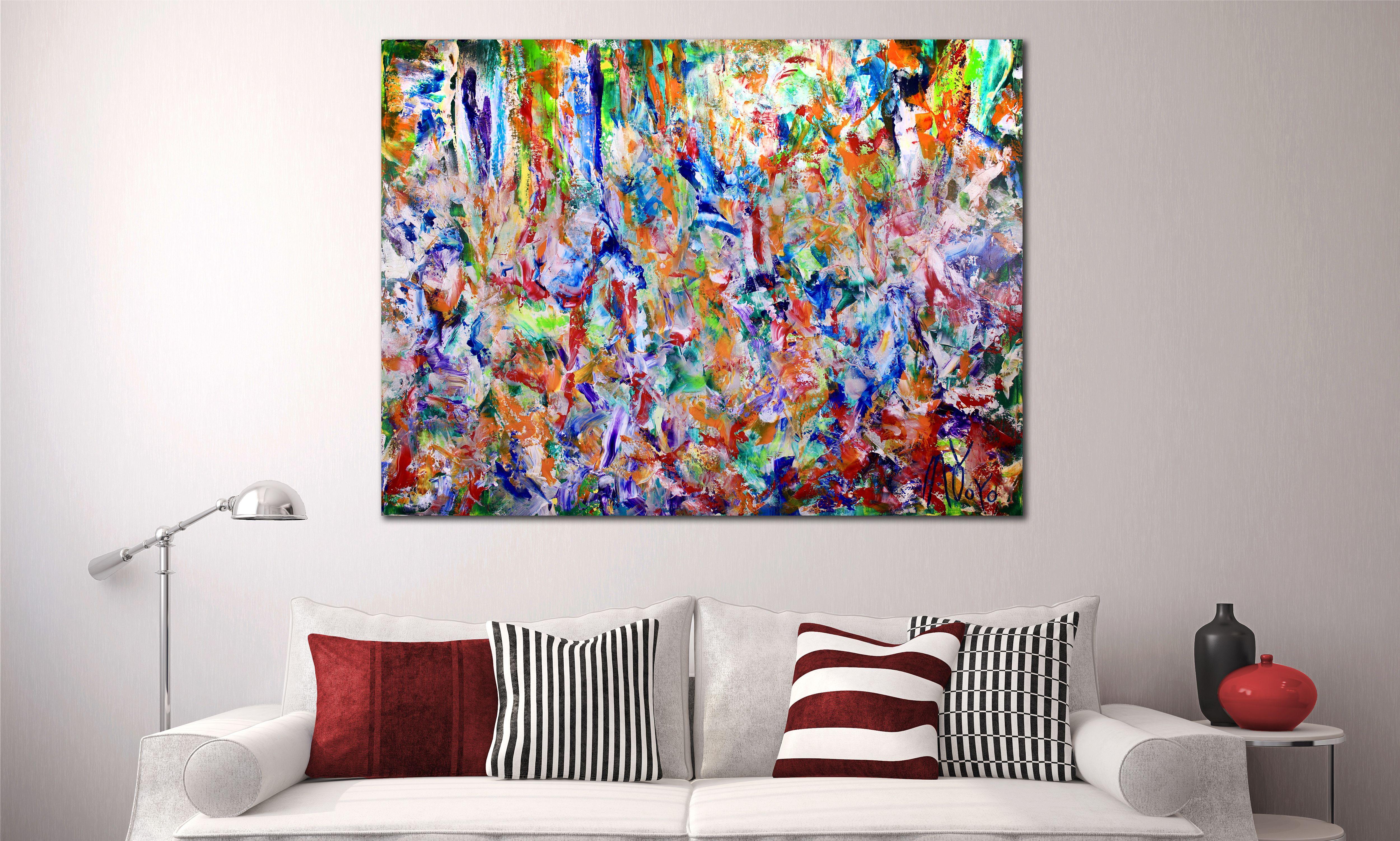 Astratto contemporaneo in acrilico, dinamico e pieno di movimento, ispirato alla natura. Prospettiva da lontano e da vicino. Dipinto a segmenti per creare maggiore contrasto e profondità. Tanti colori: verde, beige, bianco, blu, rosa, viola,