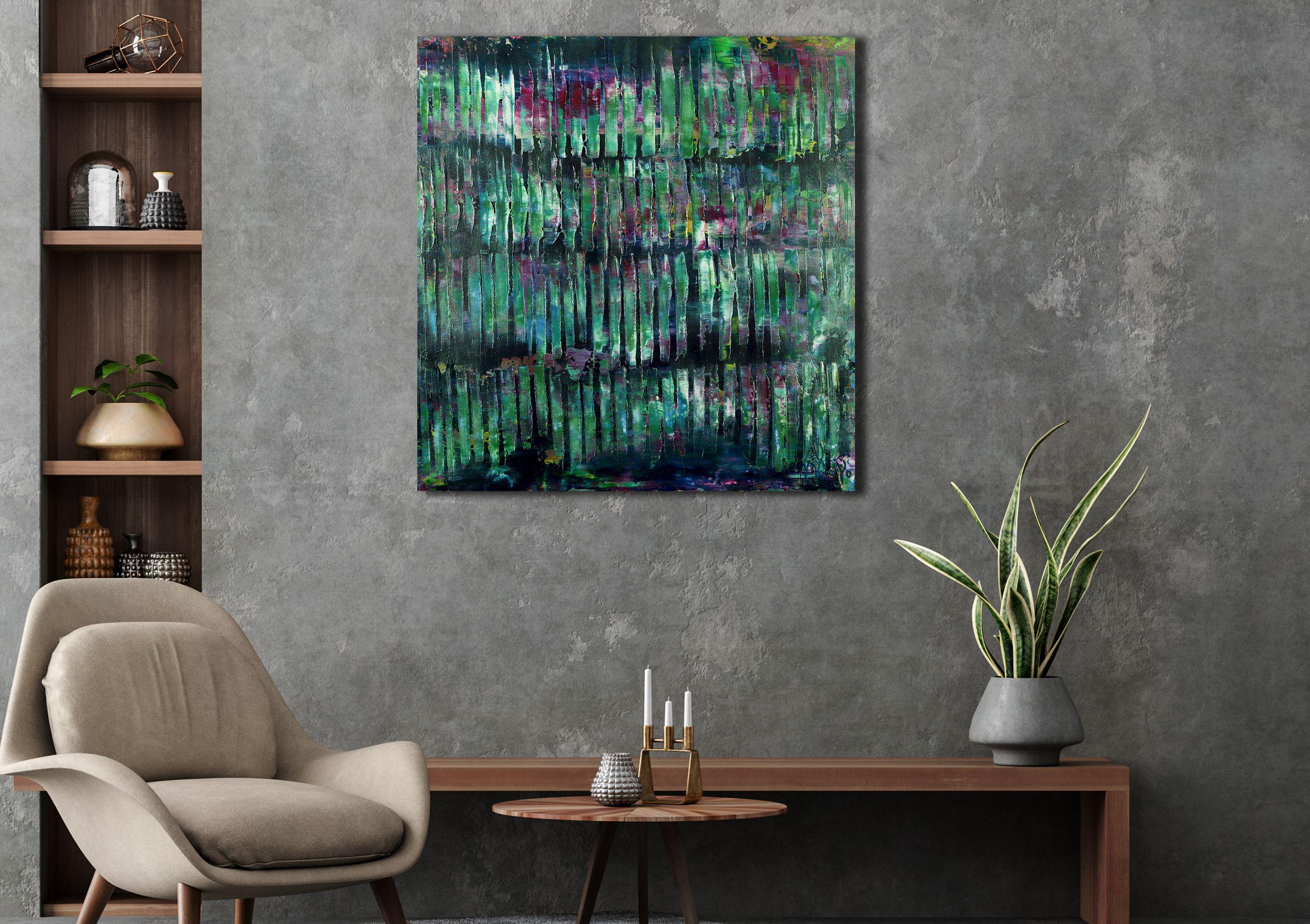 Abstract iridescent painting  acrylic on canvas    This artwork was created layering and blending layers of many shades of green, magenta, and green iridescent mica particles. This painting is very dimensional and has changes in tones with different