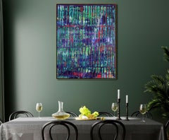 Iridescent green forest (red lights), Painting, Acrylic on Canvas