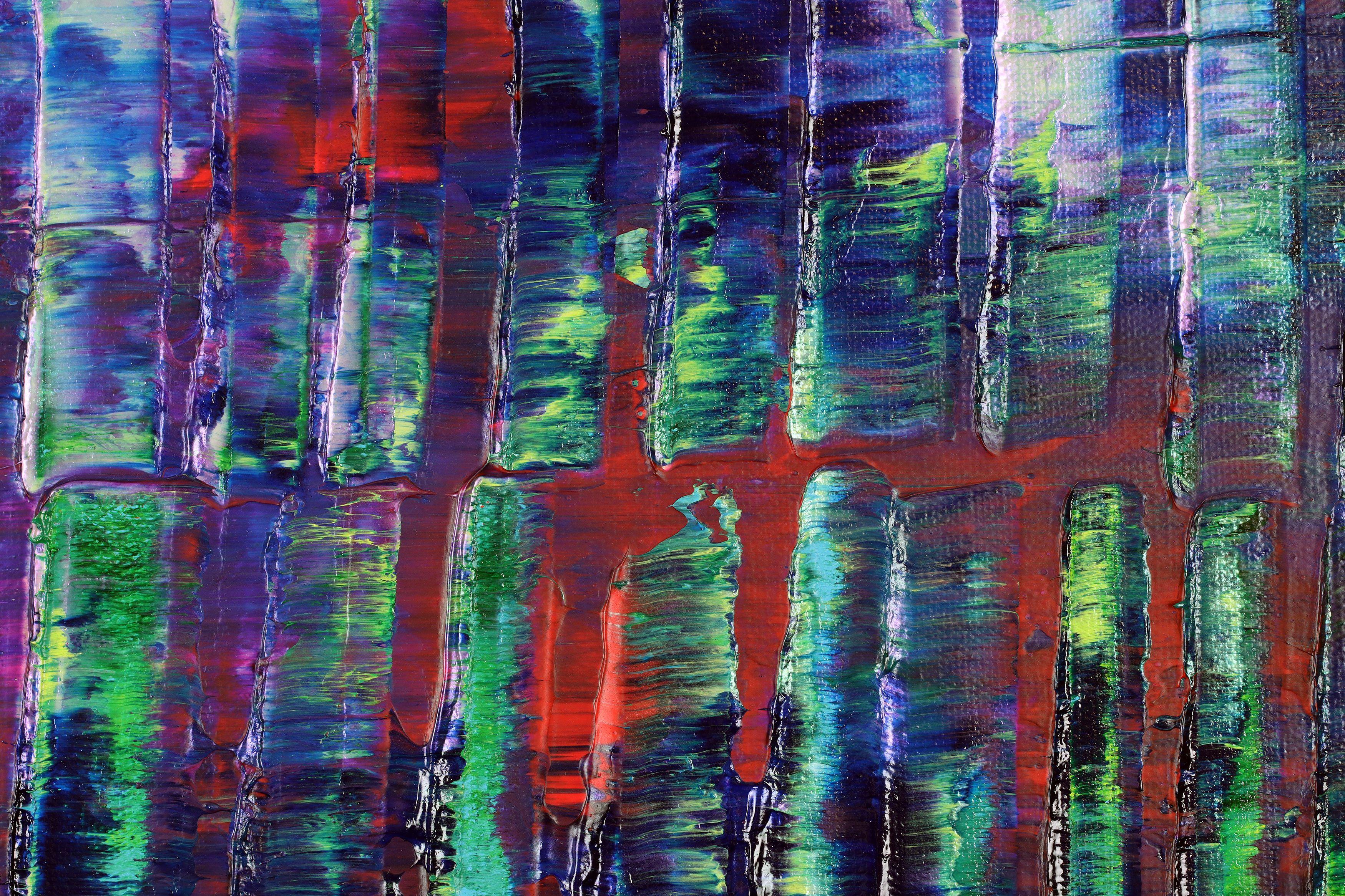 Abstract iridescent painting  acrylic on canvas    This artwork was created layering and blending layers of many shades of green, red, magenta, and green iridescent mica particles. This painting is very dimensional and has changes in tones with