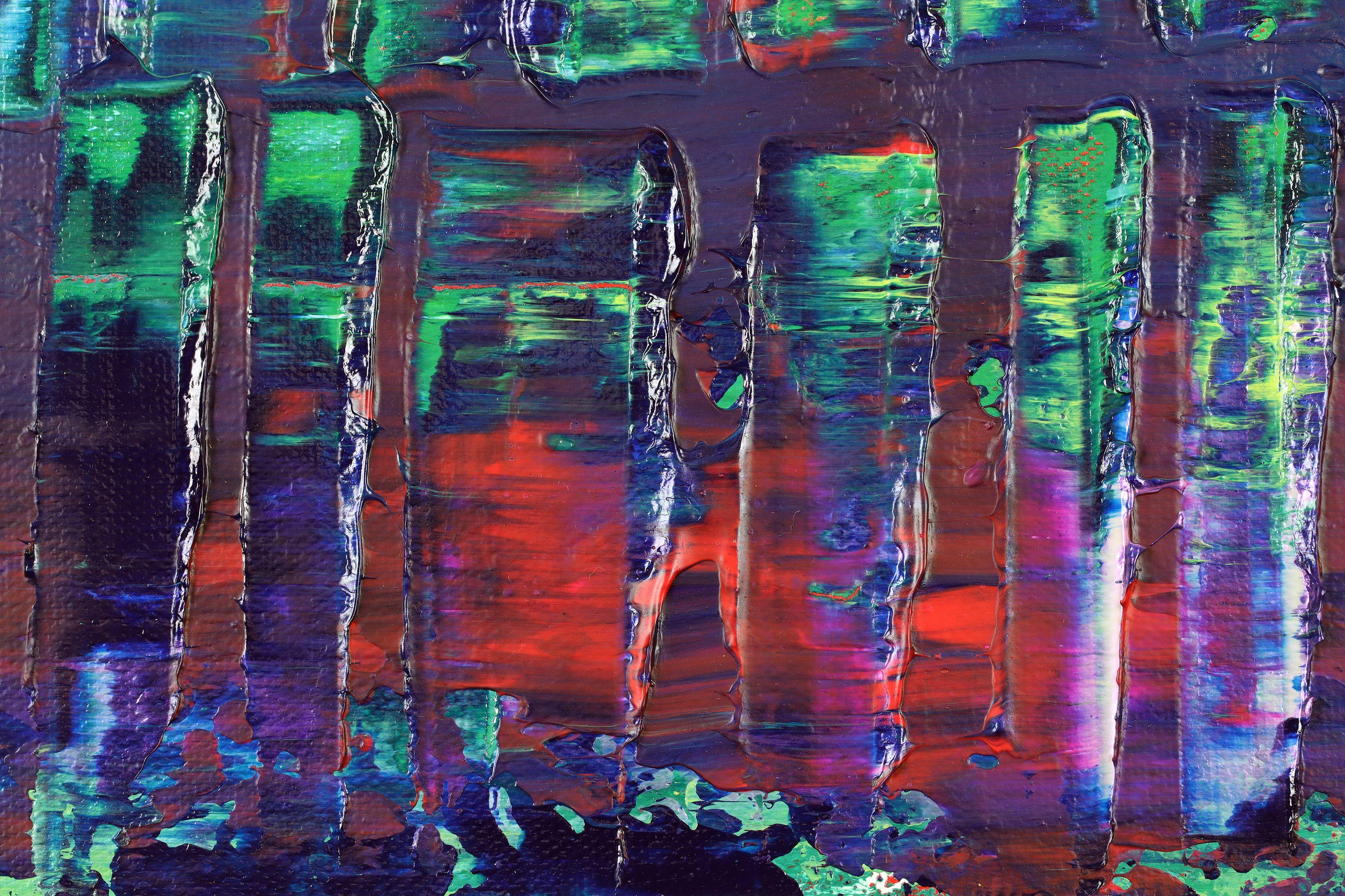 Iridescent green forest (red lights), Painting, Acrylic on Canvas For Sale 2