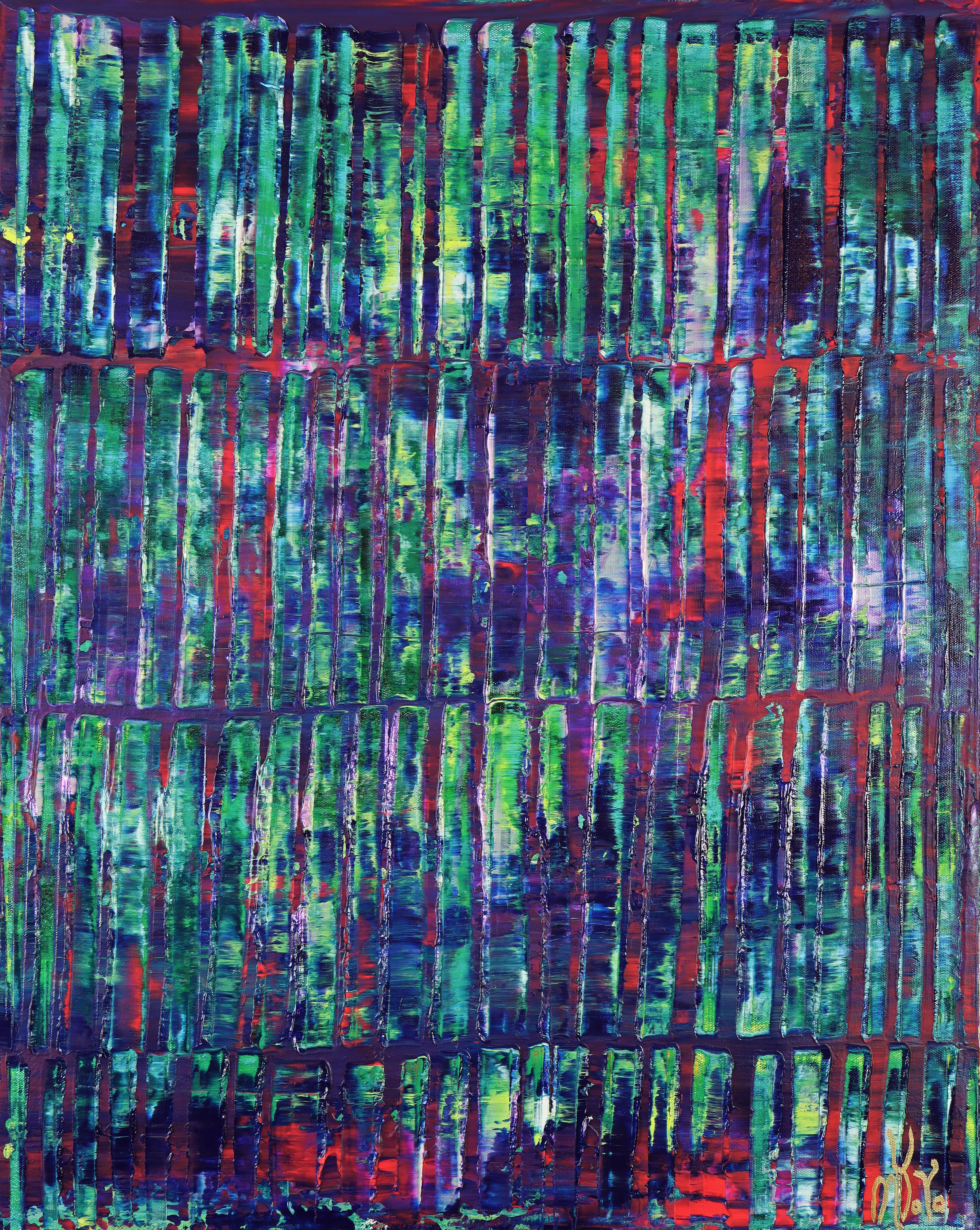 Nestor Toro Abstract Painting - Iridescent green forest (red lights), Painting, Acrylic on Canvas