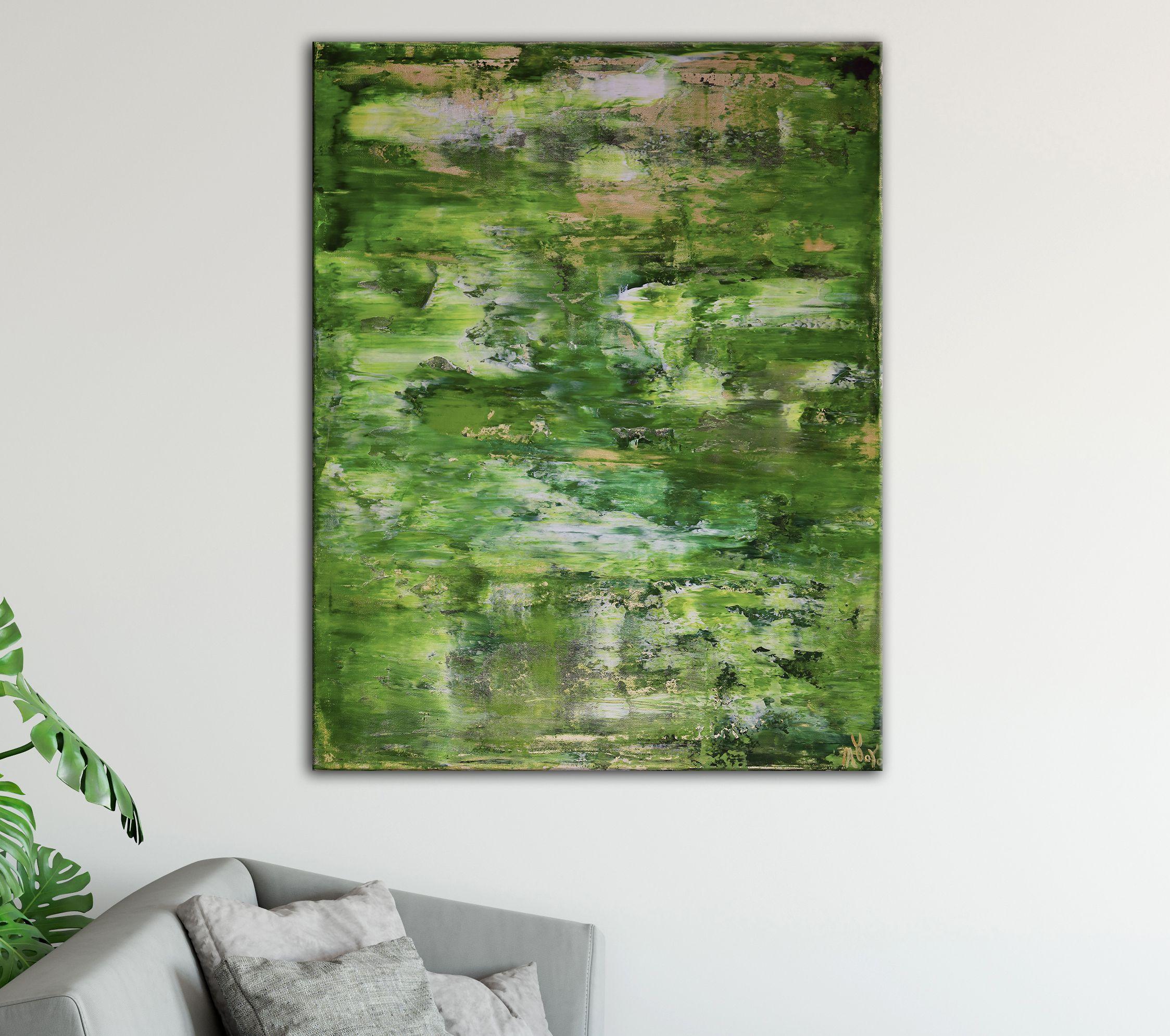 Verde come una foresta! Astratto minimalista con dettagli a spatola e molte sfumature di verde e oro. Questo dipinto è iridescente, ha un leggero velo dorato... che lo rende molto delicato e d'impatto. Il quadro arriva montato in una cornice di