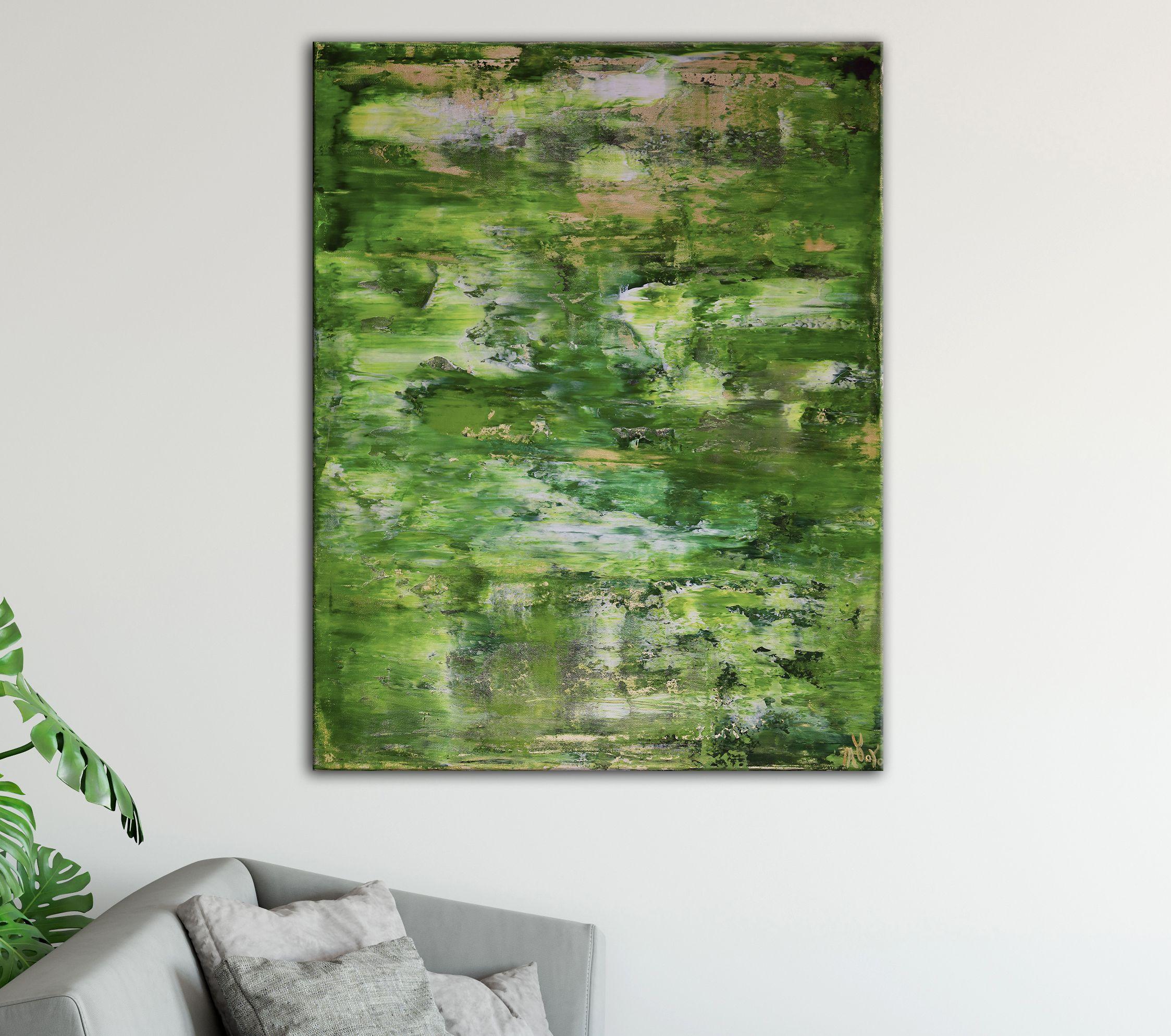 Green like a forest! Abstract minimalist with palette knife details and many shades of green and gold. This painting is iridescent, has a light golden veil over it...making it very delicate and impactful. The painting arrives mounted in a wooden