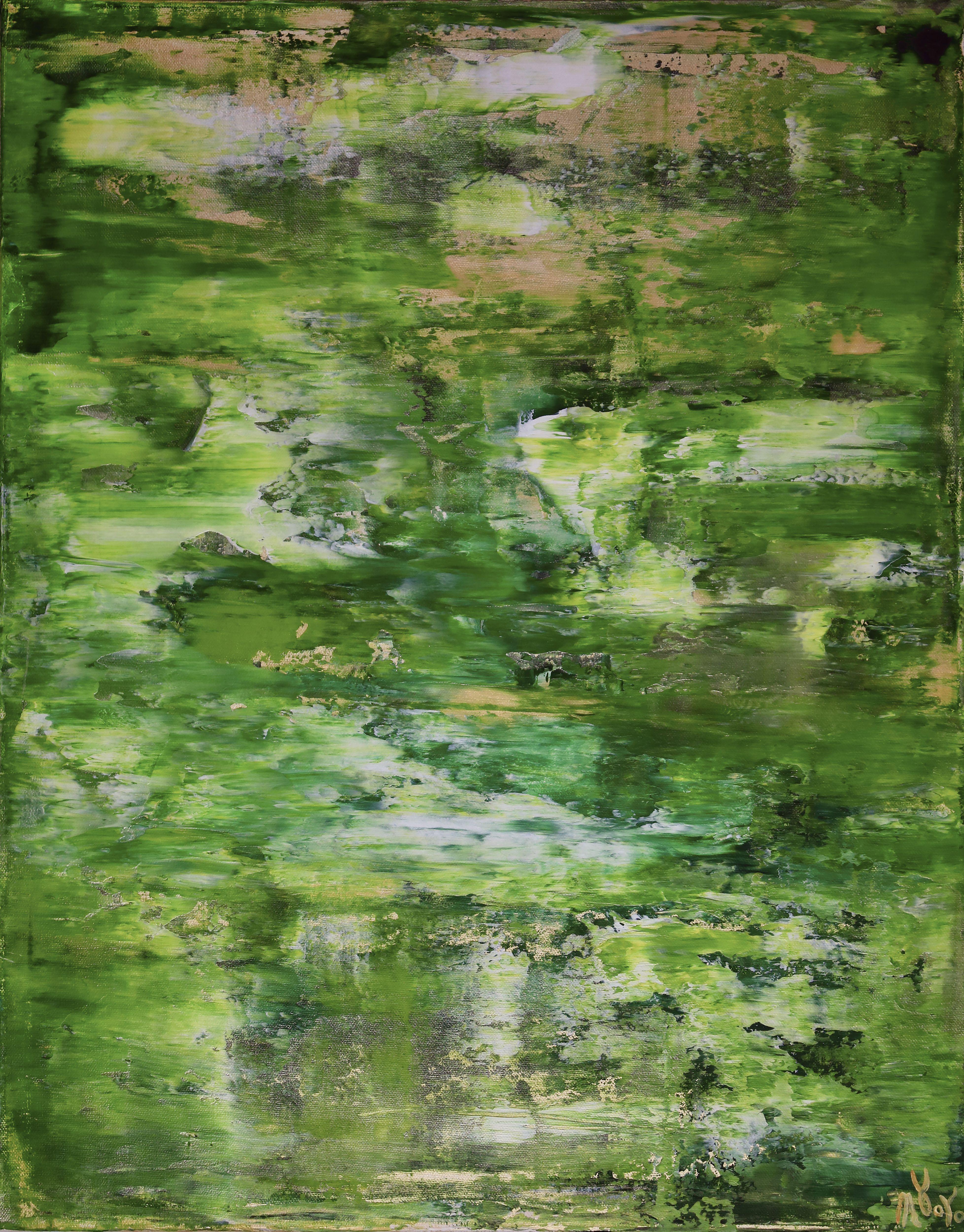 Abstract Painting Nestor Toro - Forêt ensoleillée (Avec voile doré), peinture, acrylique sur toile