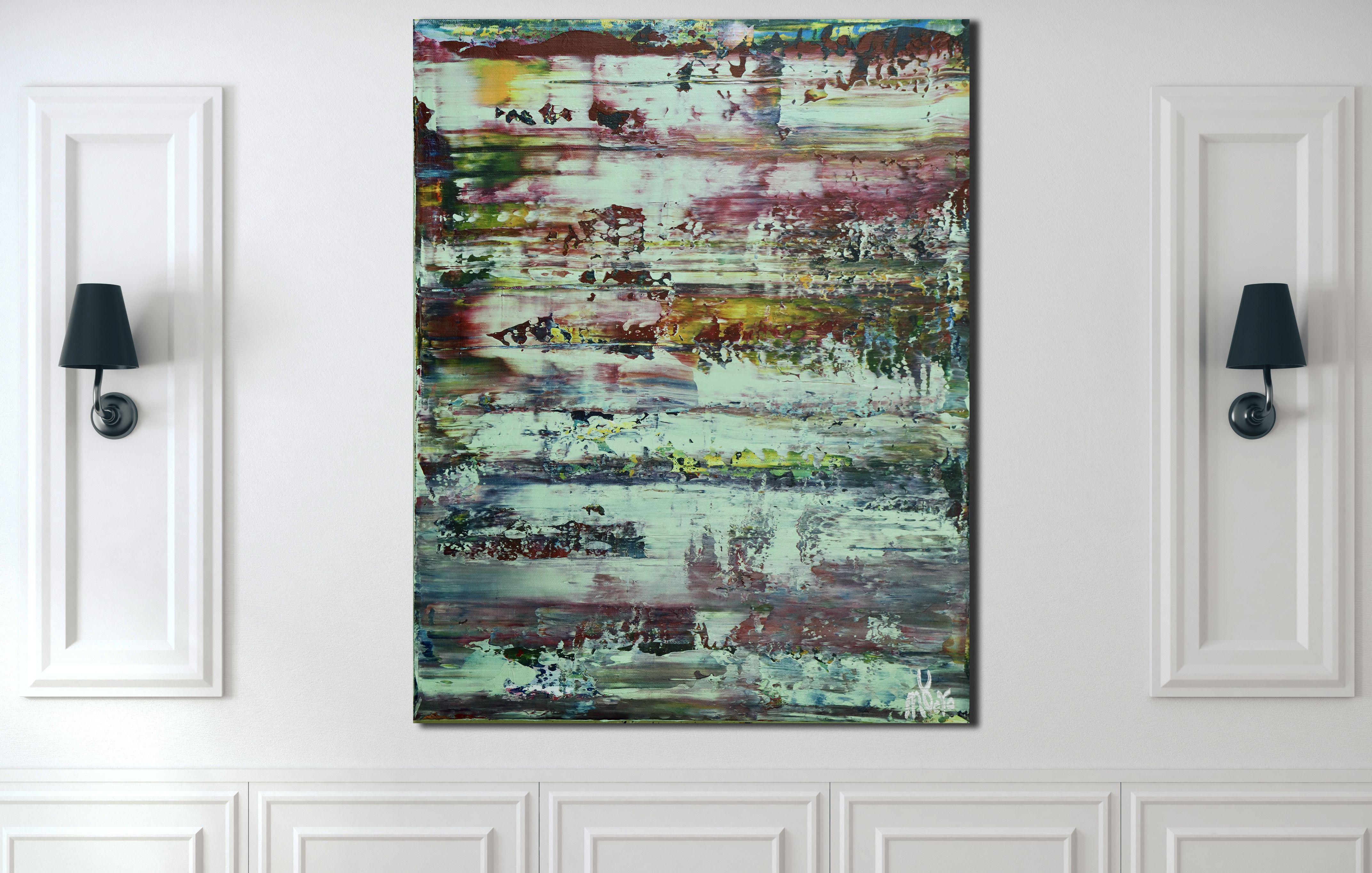 Abstract with subtle shades of mint green, alizarin crimson, shades of blue and yellow details. Created using palette knifes and textured layers. Signed in front with silver ink. Ready to hang deep edge canvas.    I include a certificate of