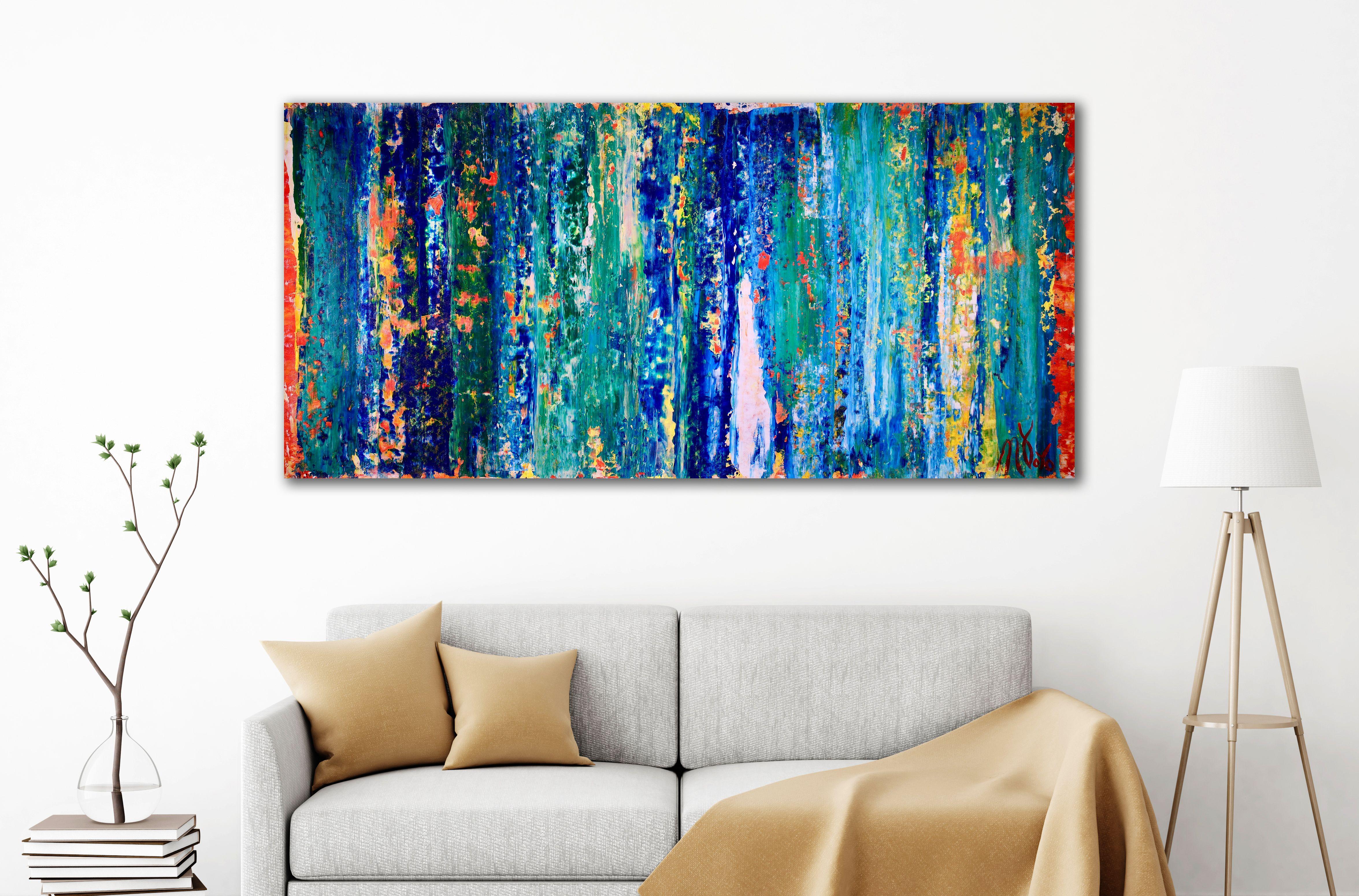 Nature Inspired with lovely shades of blue, green and yellow with orange backdrop.    ORIGINAL FINE ABSTRACTS - ONE OF A KIND!  I only make original works. Each is a one of a kind so you will have the only one! My artwork is my passion and you can