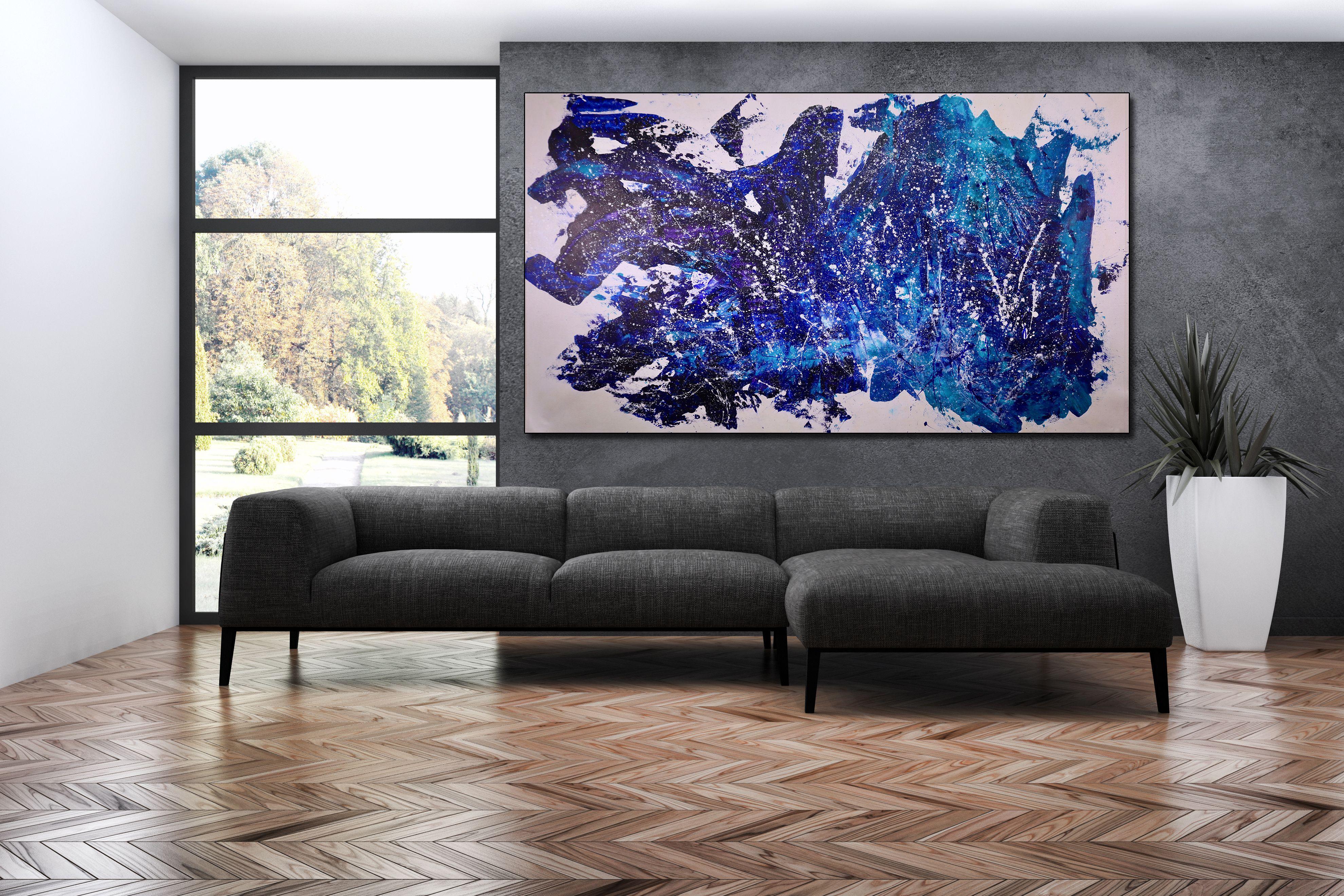 Acrylic action painting gestural big bold paint strokes different shades of blue and dark purple. Drizzles and drips of iridescent paint all over the deep color palette and iridescent mediums all around the white background. Statement piece!     