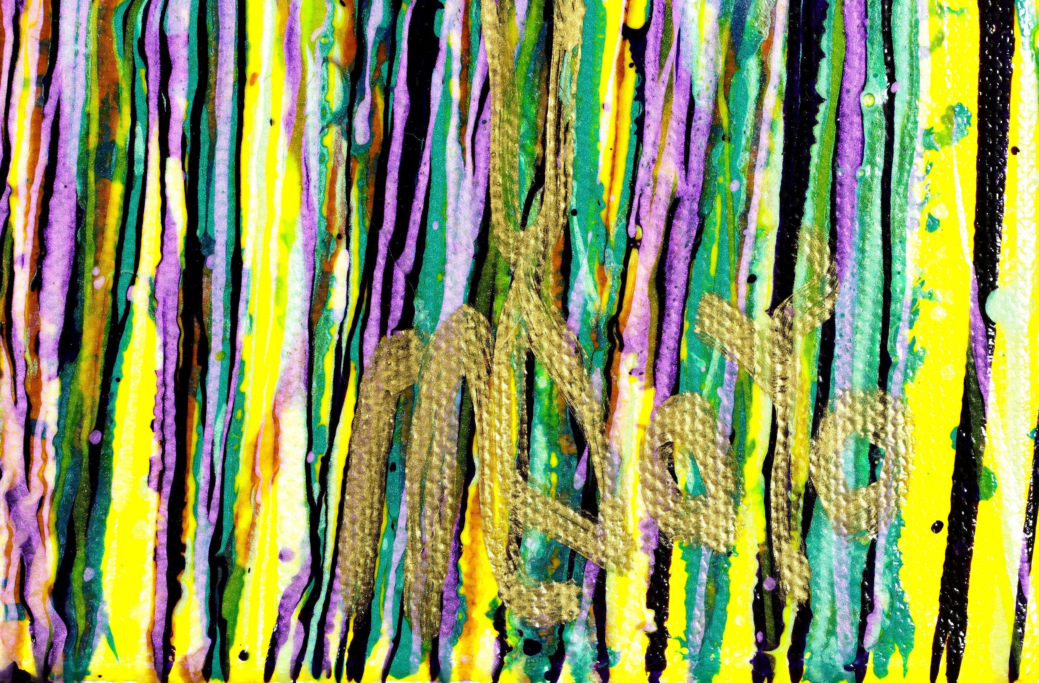 Esta obra de arte se completó con efectos iridiscentes en morado y verde brillante, ¡sobre amarillo brillante!    Listo para colgar, firmado.    Incluyo un certificado de autenticidad que enumera los materiales, así como la fecha en que se terminó