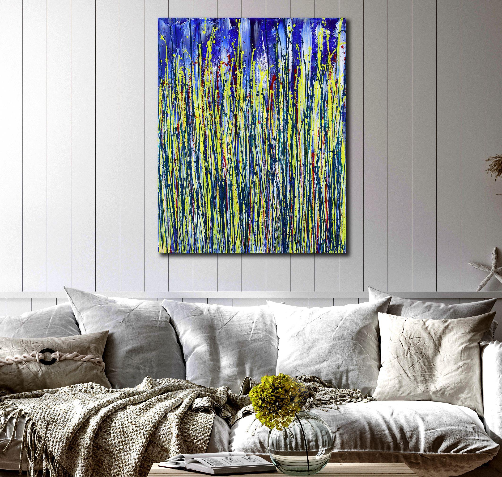 Modern iridescent abstract artwork with many dynamic drizzles and drips over blue deep blue and white background. Signed in front.    Ready to hang.    I include a certificate of authenticity that lists the materials as well as when the painting was