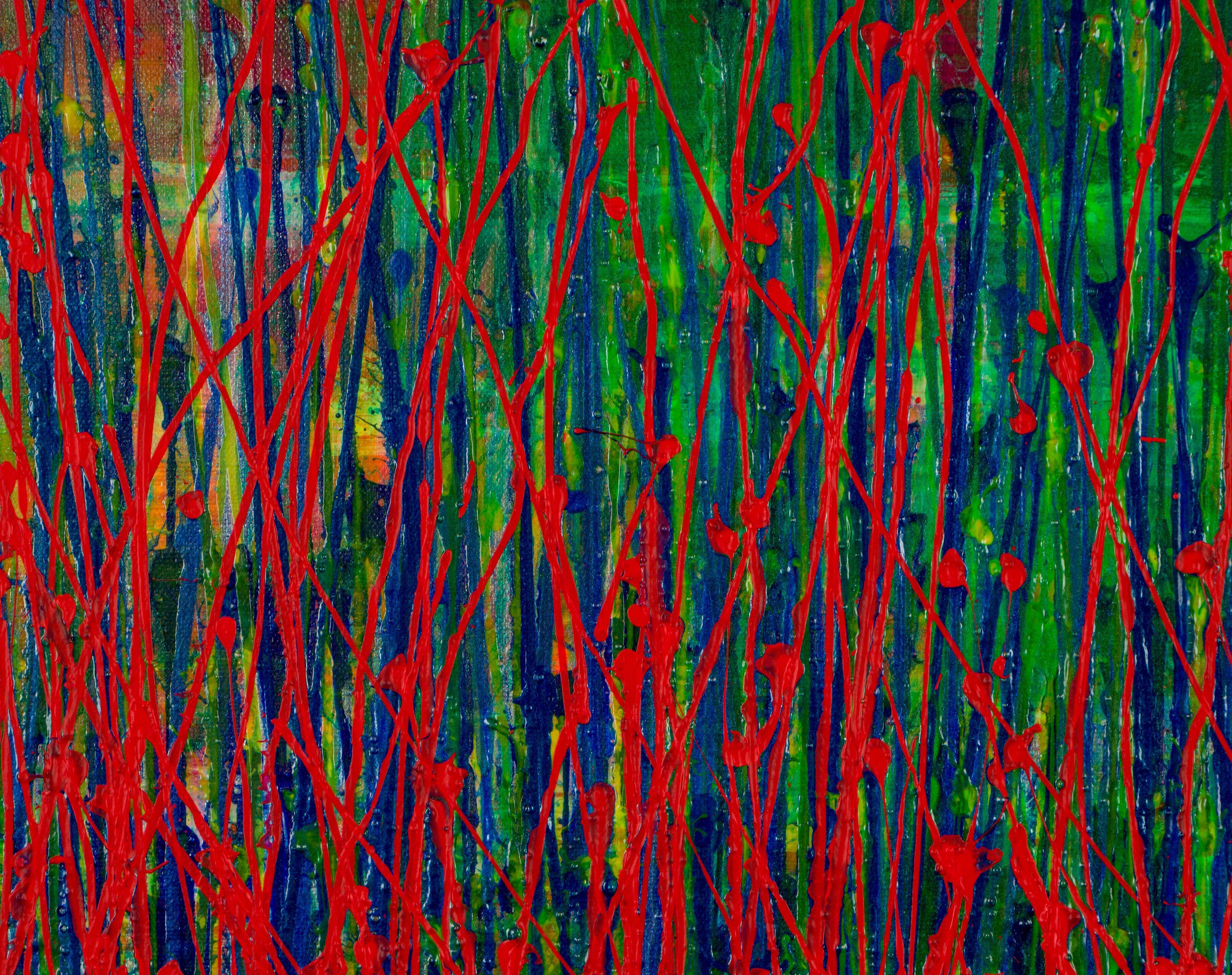 Painting: Acrylic on Canvas.    Expressive modern abstract, bold full of life, gloss and shimmer! inspired by nature. Shades of green, red and hints of yellow over dark green. signed in front with gold ink.    I include a certificate of authenticity
