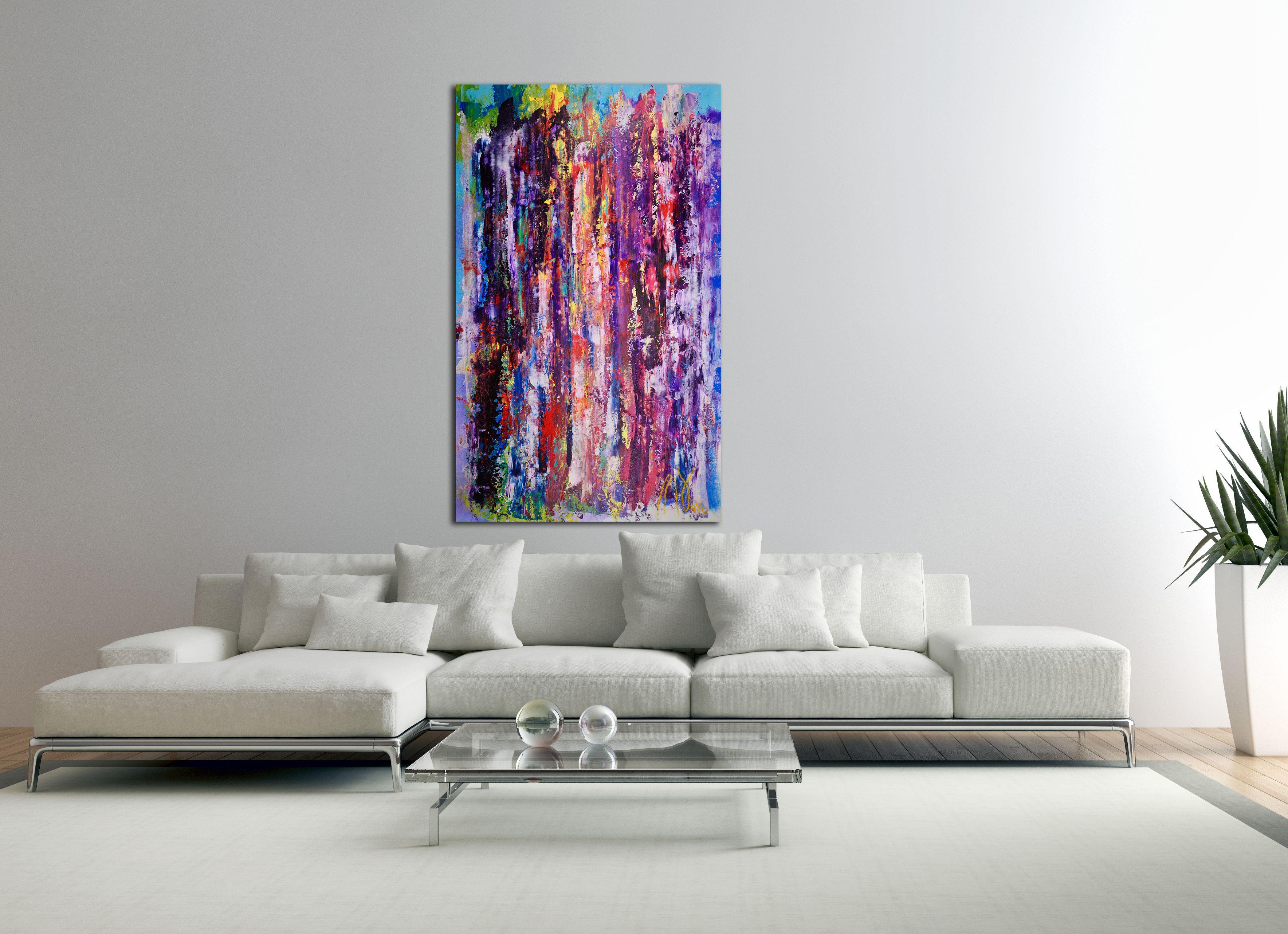 - BOLD STATEMENT PIECE   - SIGNED CERTIFICATE OF AUTHENTICITY  - SIGNED CANVAS    Description:  Embracing all the colors I love, predominately purple and blue. An array of textures over gesso layered canvas using fluid translucent acrylics and