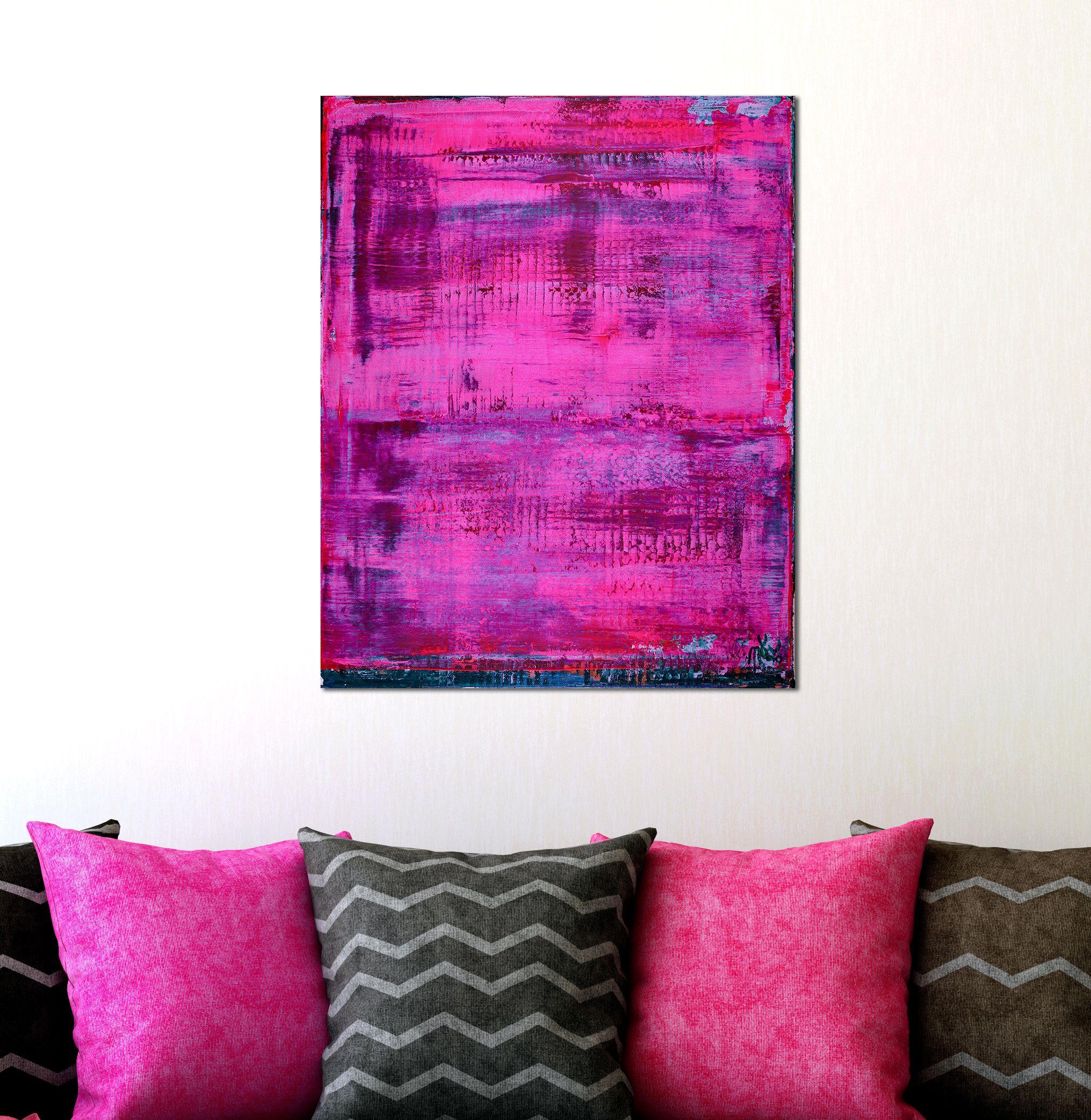 Impactful hot pink painting with blue/green undertones. Lots of color blending and clear neon pink to complete a very impactful painting. Signed in front.    This artwork is on gallery quality heavy triple primed cotton canvas. READY TO HANG!    I